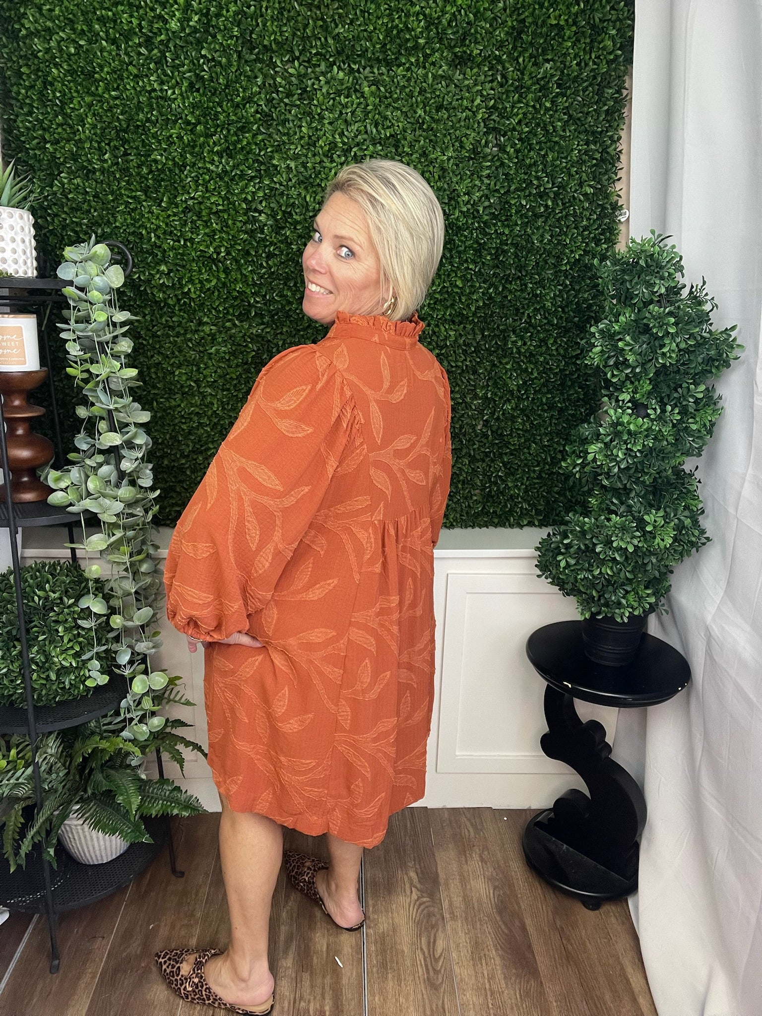 JACQUARD HIGH RUFFLE NECK DRESS - RUST