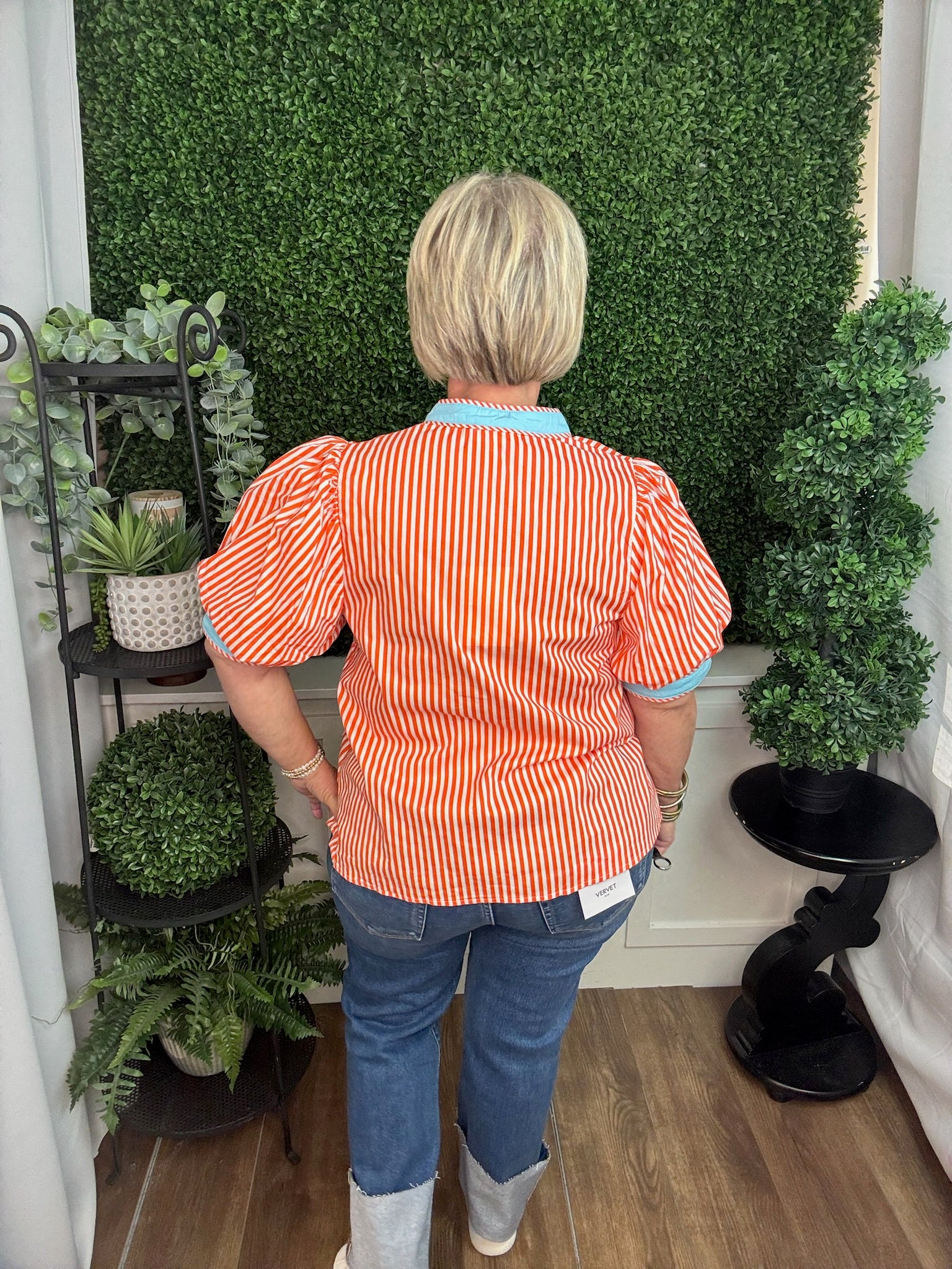 ORANGE WITH BLUE TRIM PUFFY SLEEVE TOP