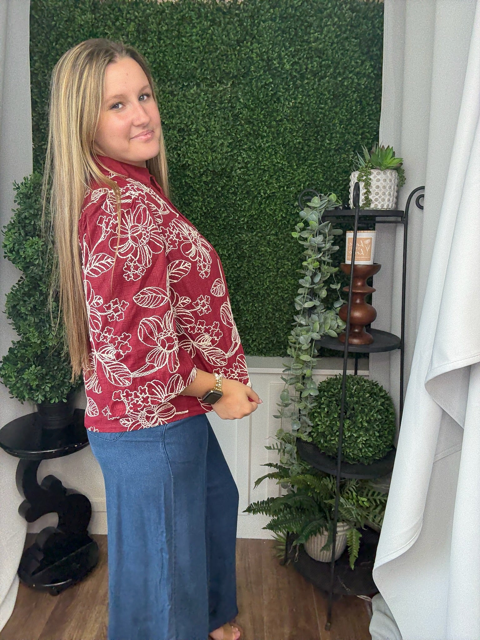 V-NECK WIDE SLV BLOUSE - BURGUNDY