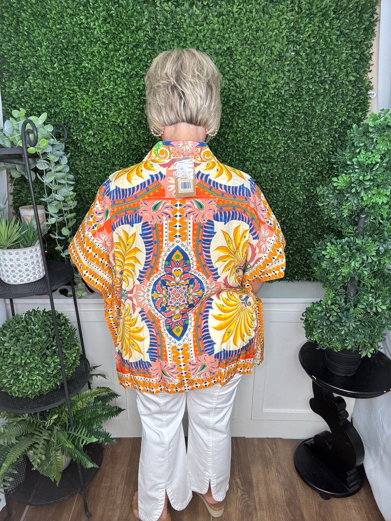 BUTTON FRONT SCARF PRINT PONCHO TOP - MULTI