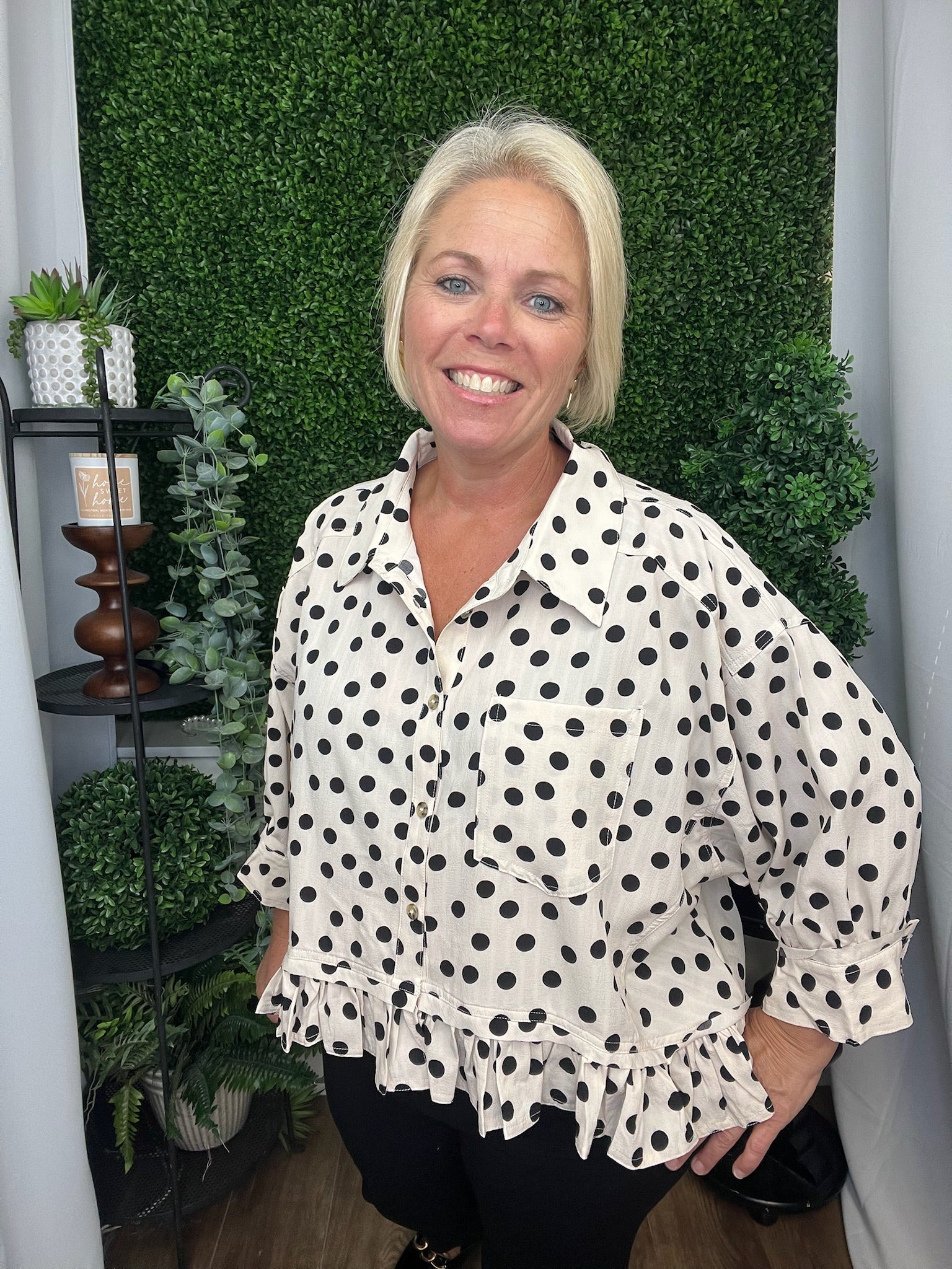 POLKA DOT PRINTED PEPLUM TOP - OFF WHITE/BLACK