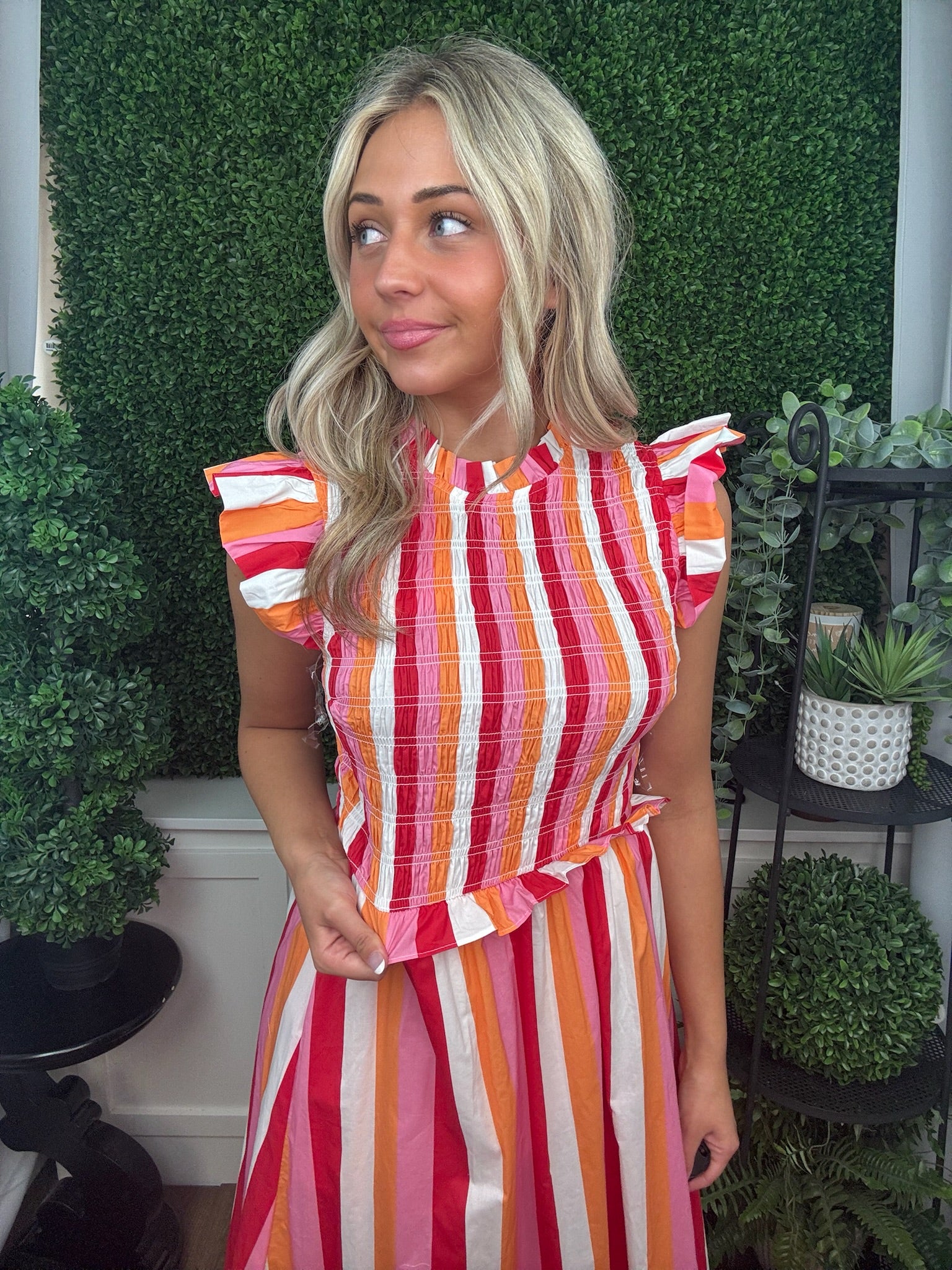 Striped Midi Dress with Ruffle Sleeves and Tie Waist