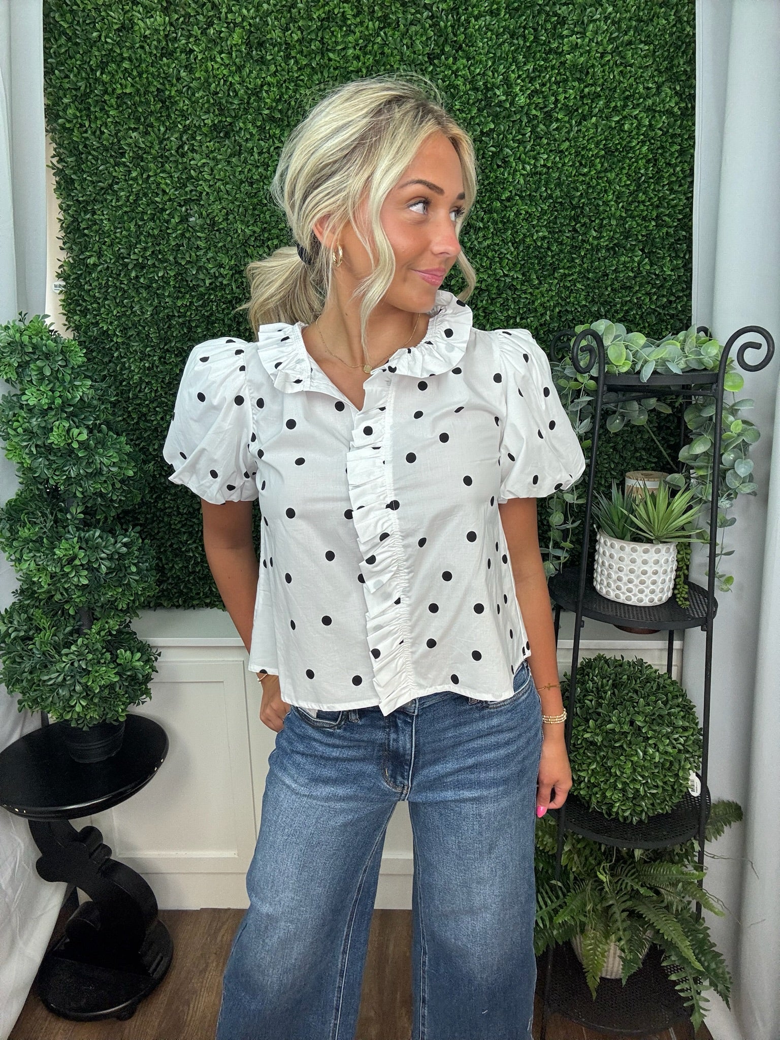 Polka Dot Ruffle Front Blouse