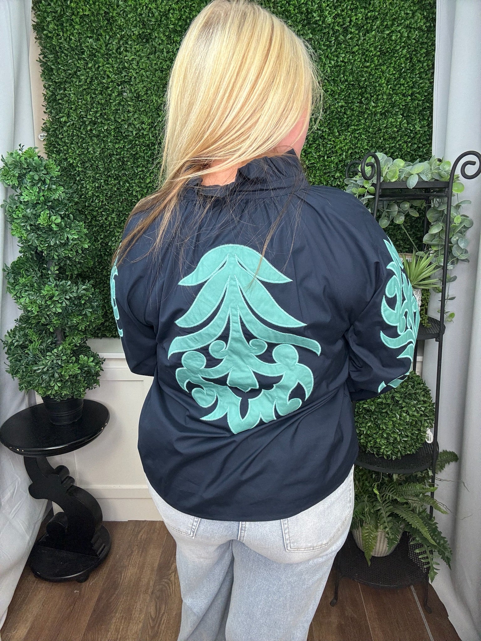 Navy Embroidered Statement Blouse with Contrast Detail
