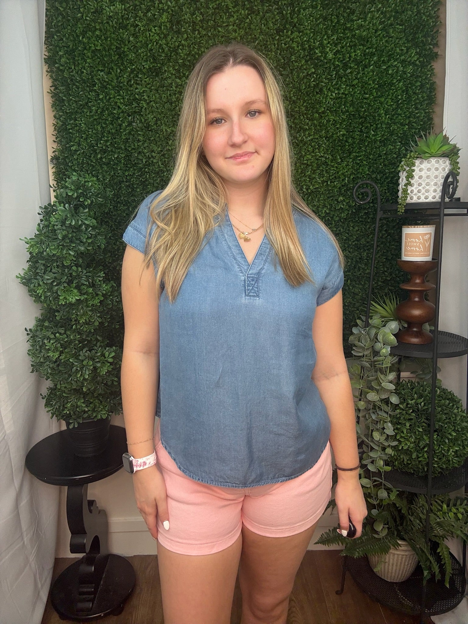 Chambray Split Neck Cap Sleeve Blouse