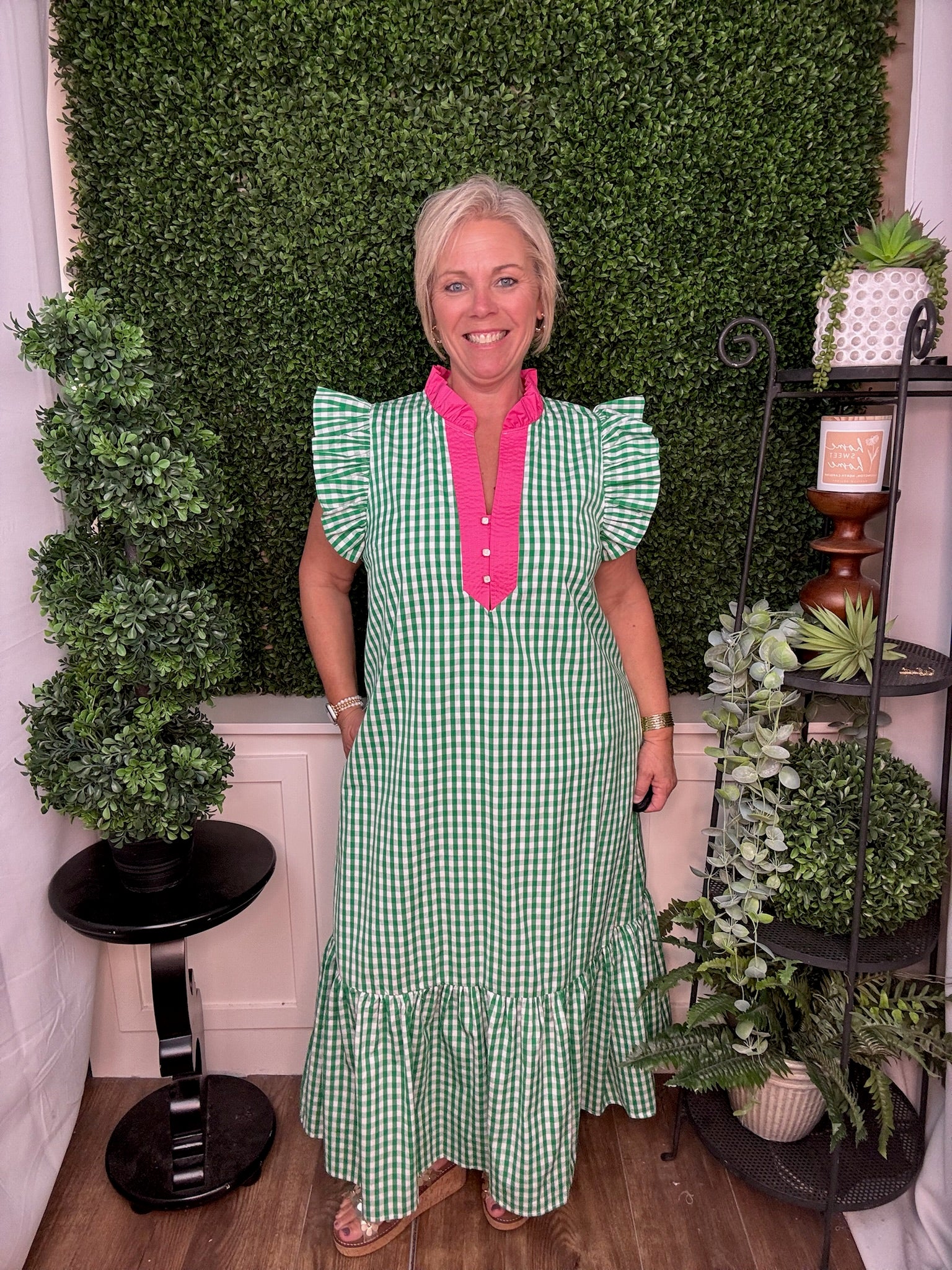 Gingham Flutter Sleeve Midi Dress