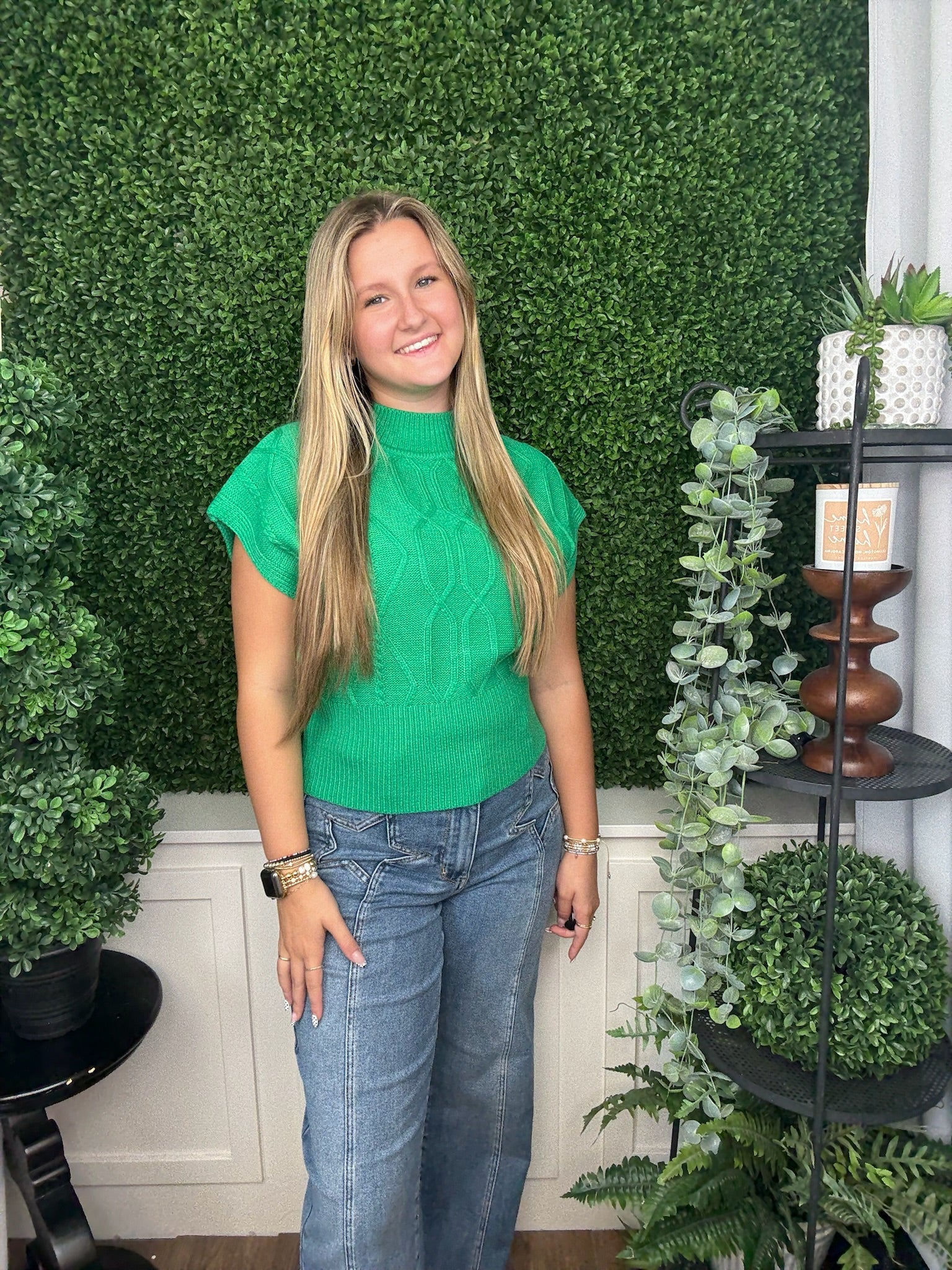 DIAMOND/CABLE KNIT CAP SLV SWEATER - KELLY GREEN