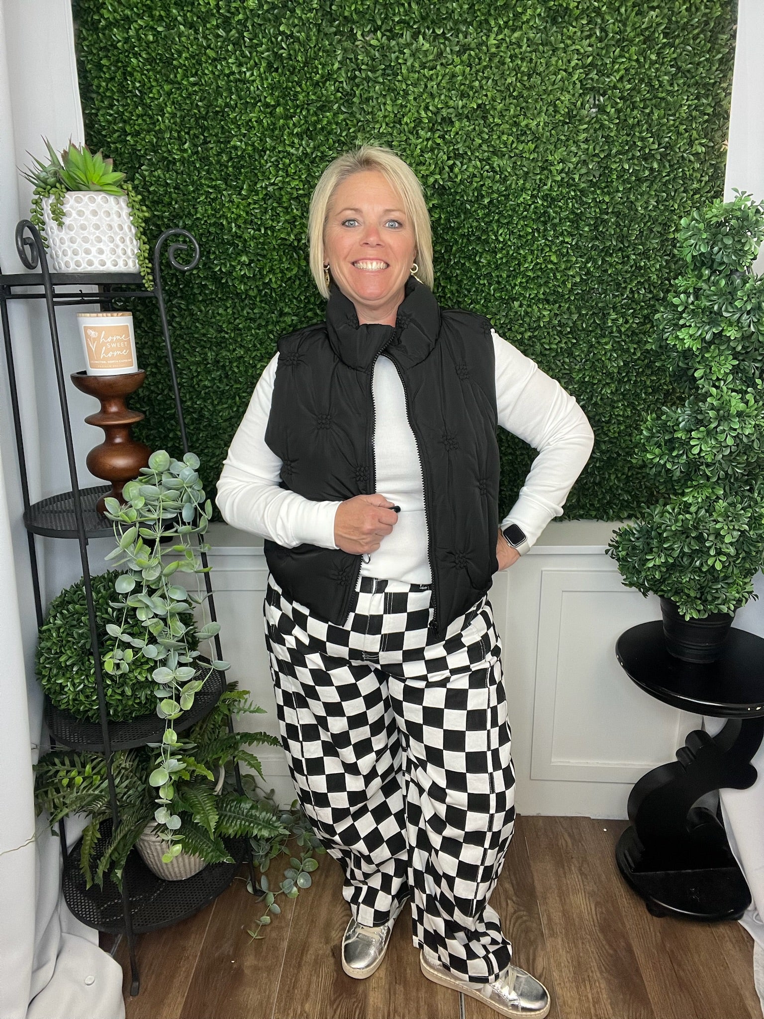 CHECKERED PRINTED BARREL DEMIN PANT BLACK COMBO