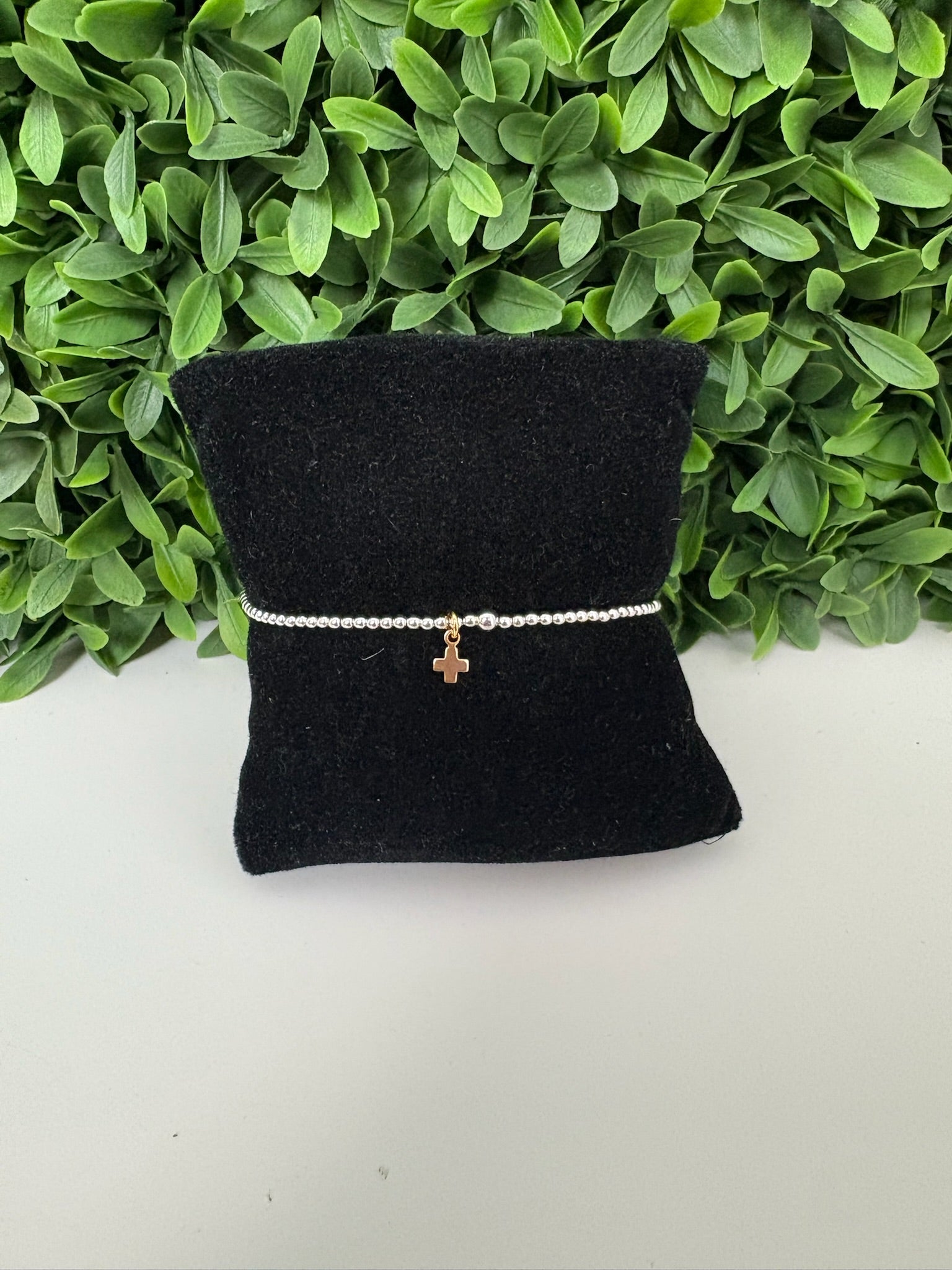 CLASSIC STERLING MIXED METAL 2MM BEAD BRACELET - SIGNATURE CROSS SMALL GOLD CHARM