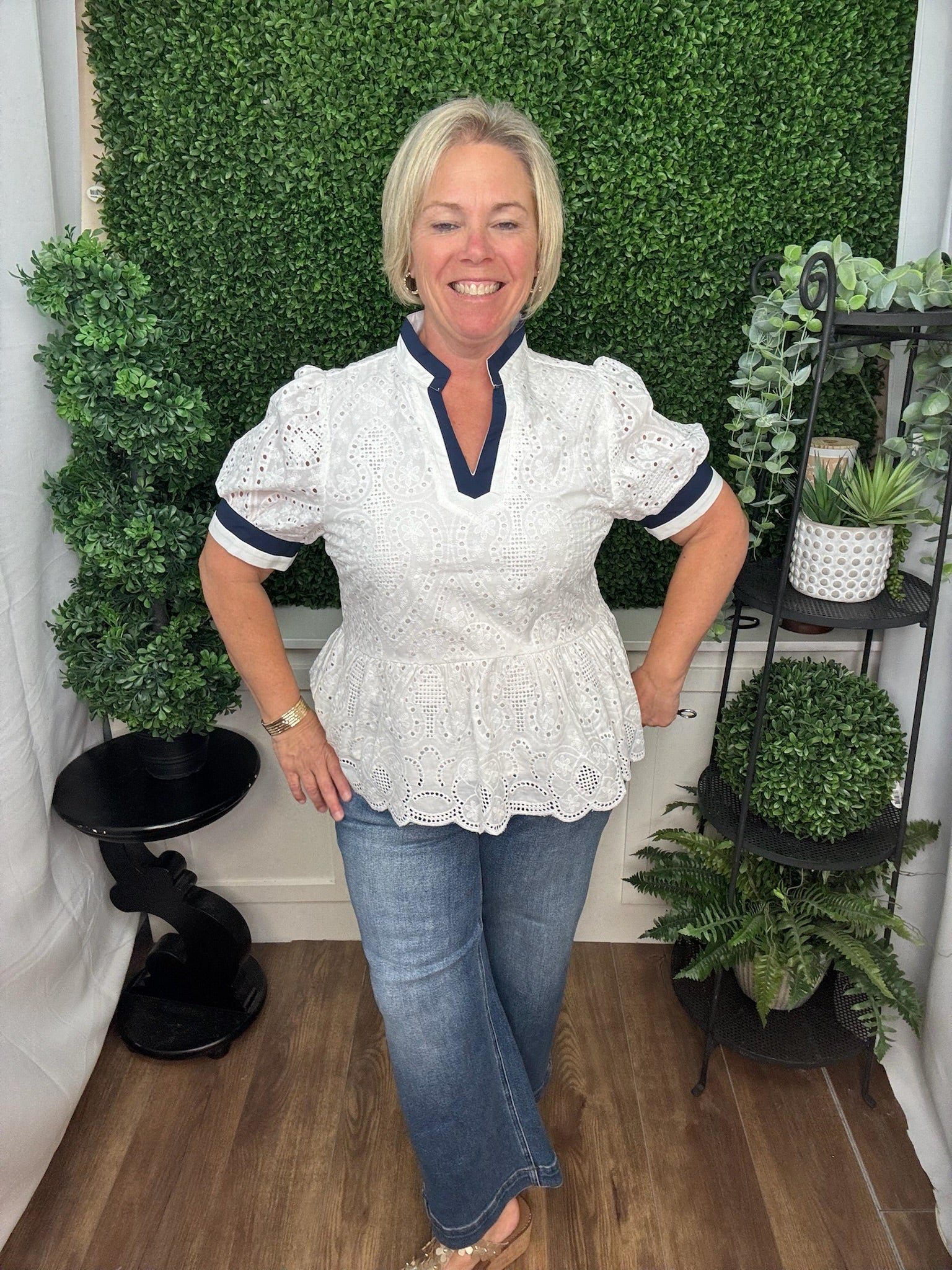 NAVY STRIPE EYELET TOP