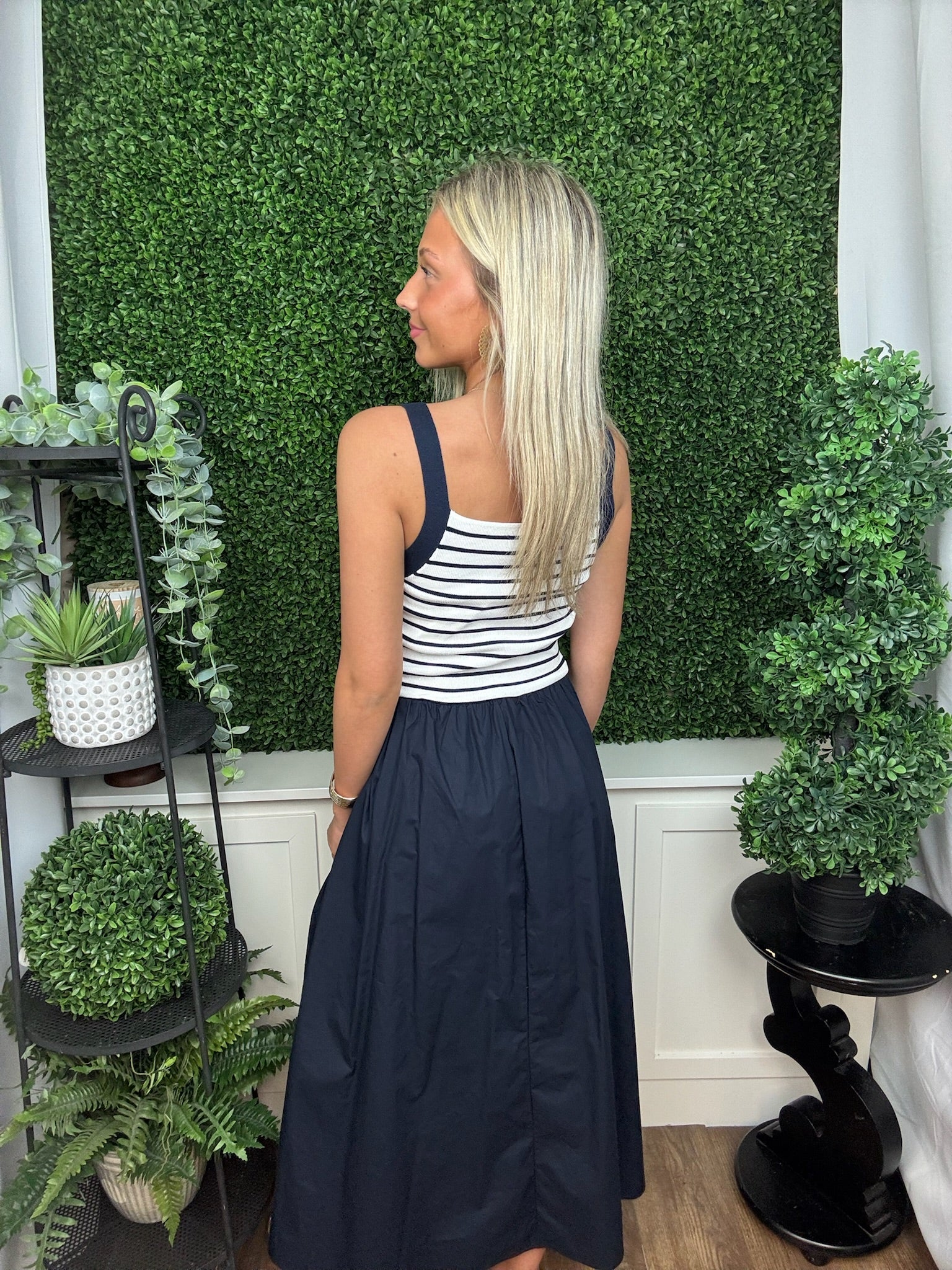 Nautical Stripe Knit Bodice Midi Dress