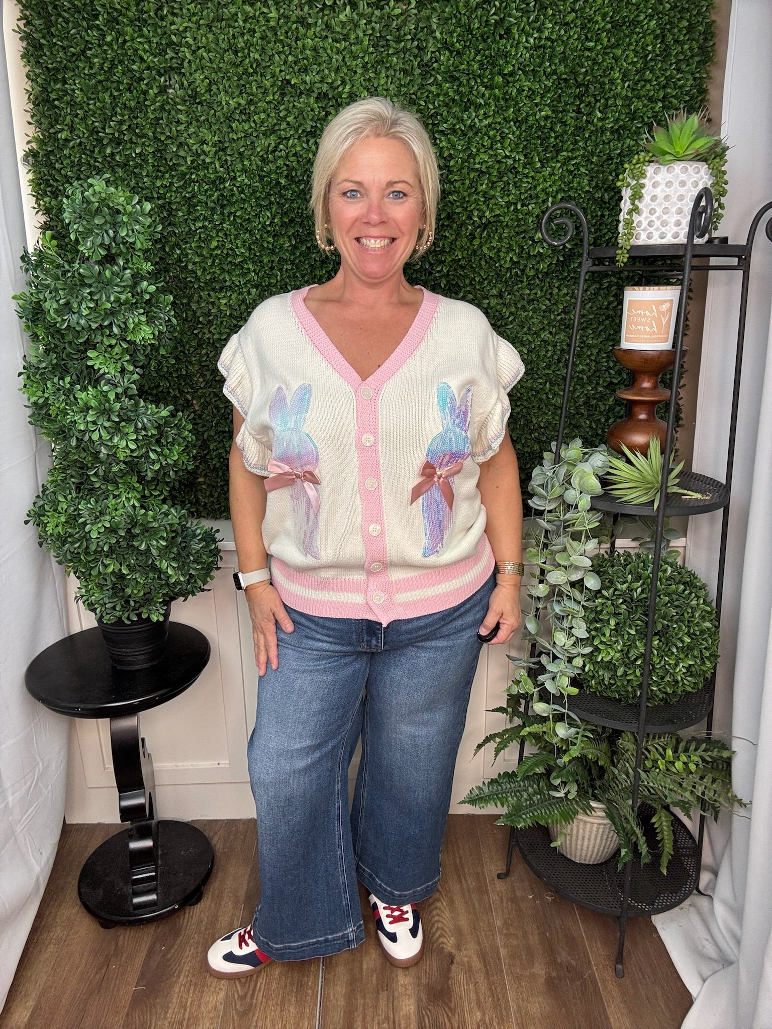 IVORY SWEATER VEST WITH SEQUIN BUNNIES