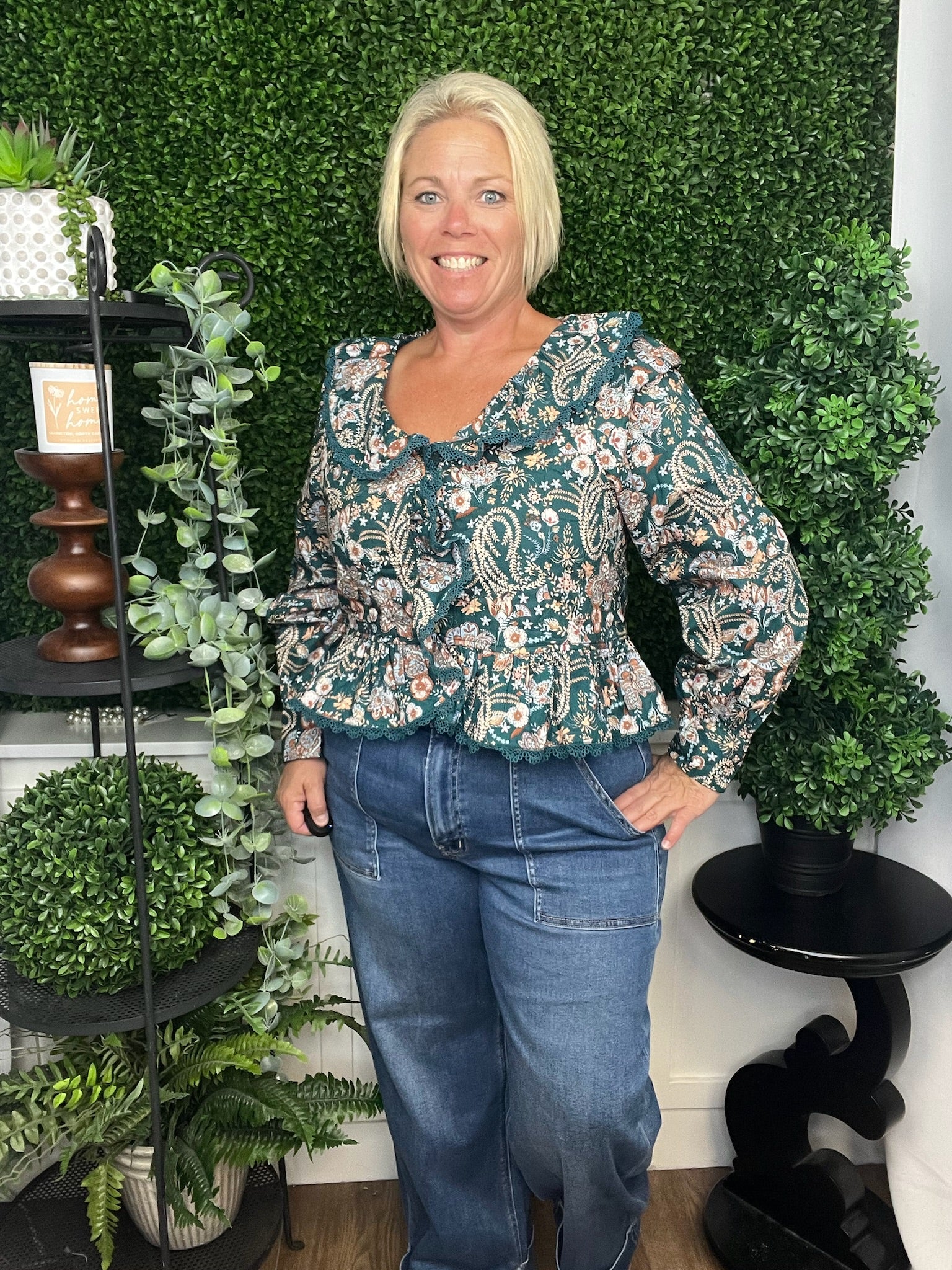 PAISLEY PRINT LACE TRIM QUILTED TOP - TEAL/GREEN/MULTI FLORAL