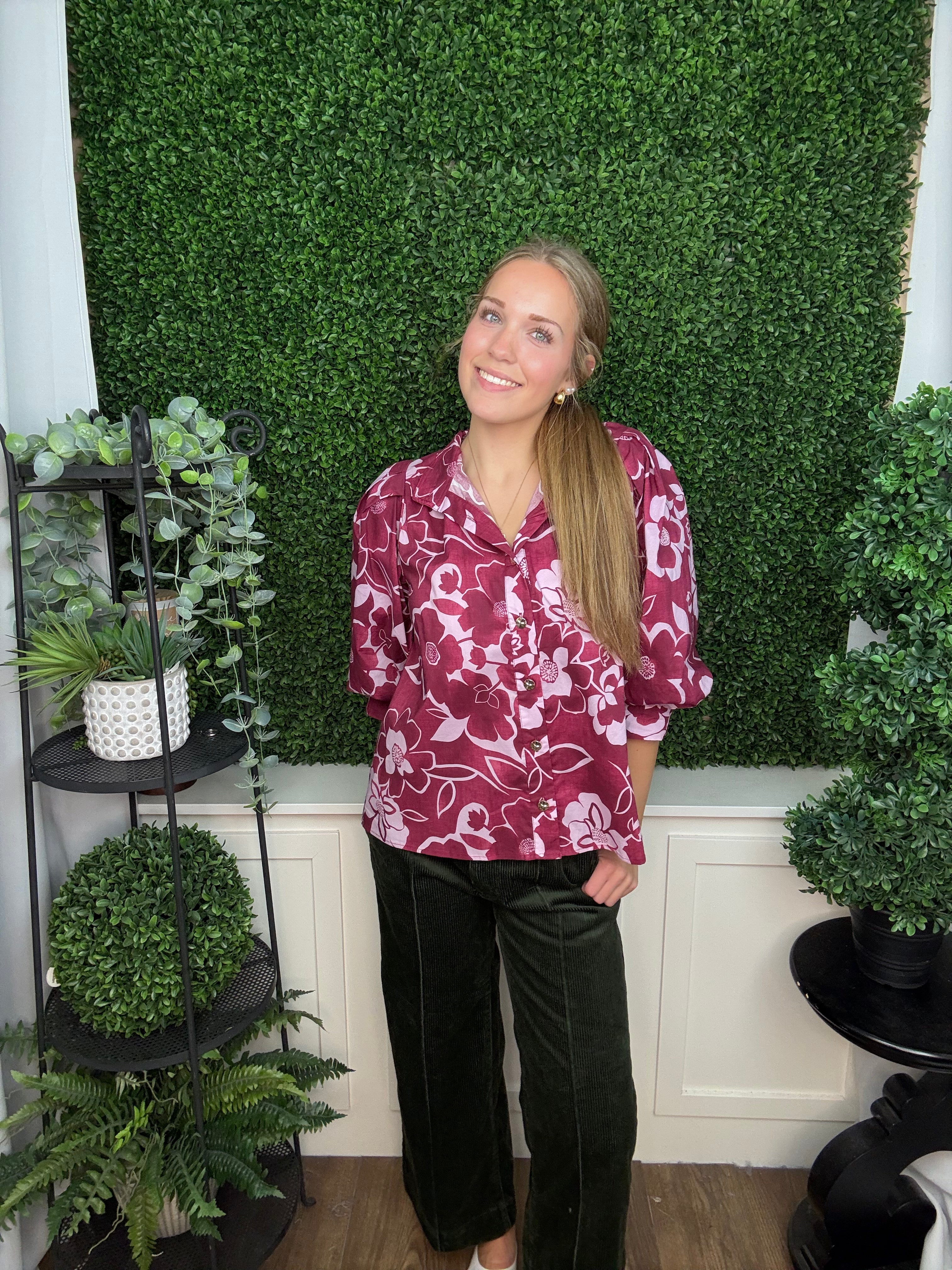LONG SLEEVE FLORAL PRINT BUTTON DOWN WOVEN TOP - MERLOT