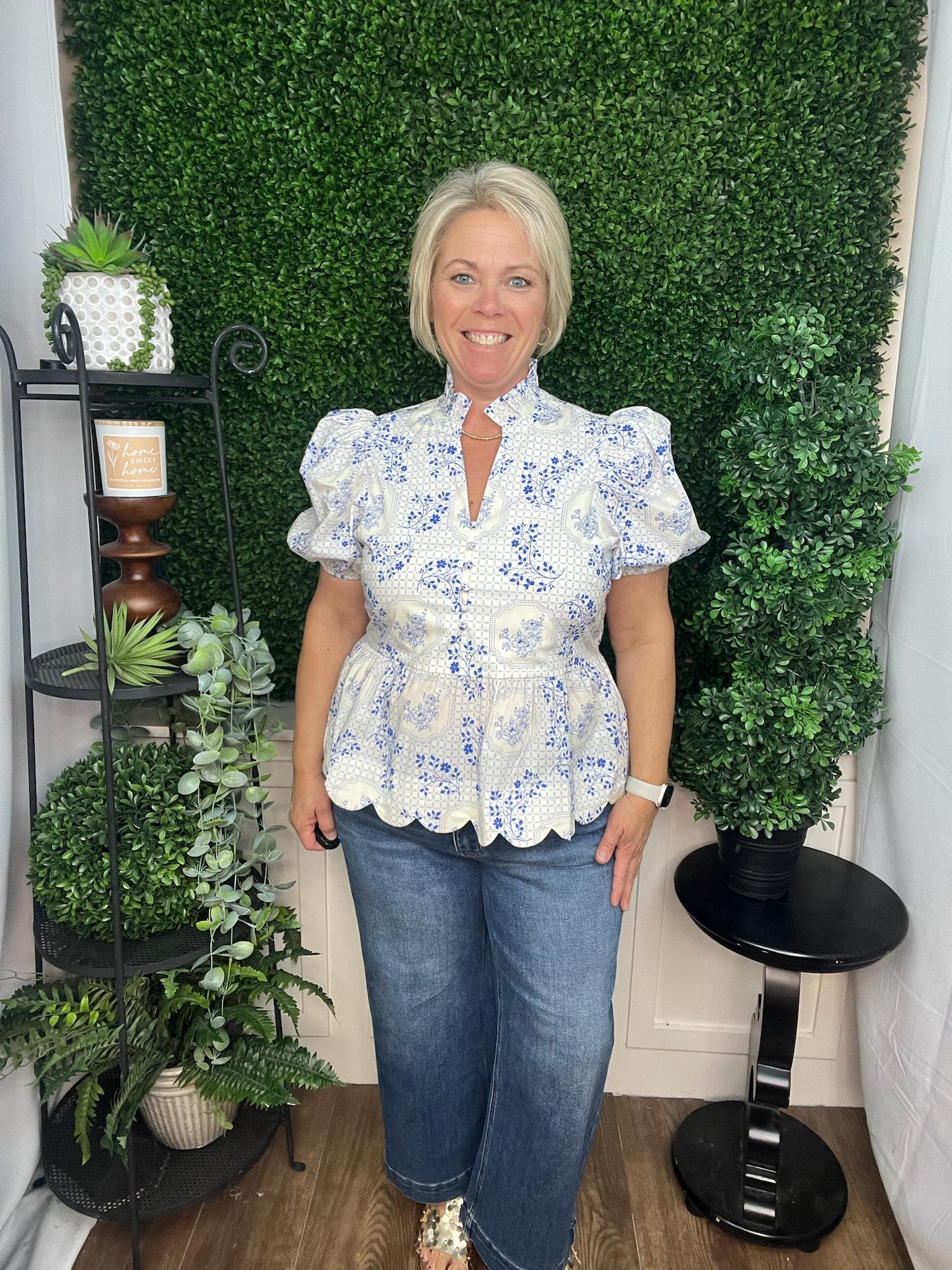 Blue & Ivory Garden Toile Peplum Blouse