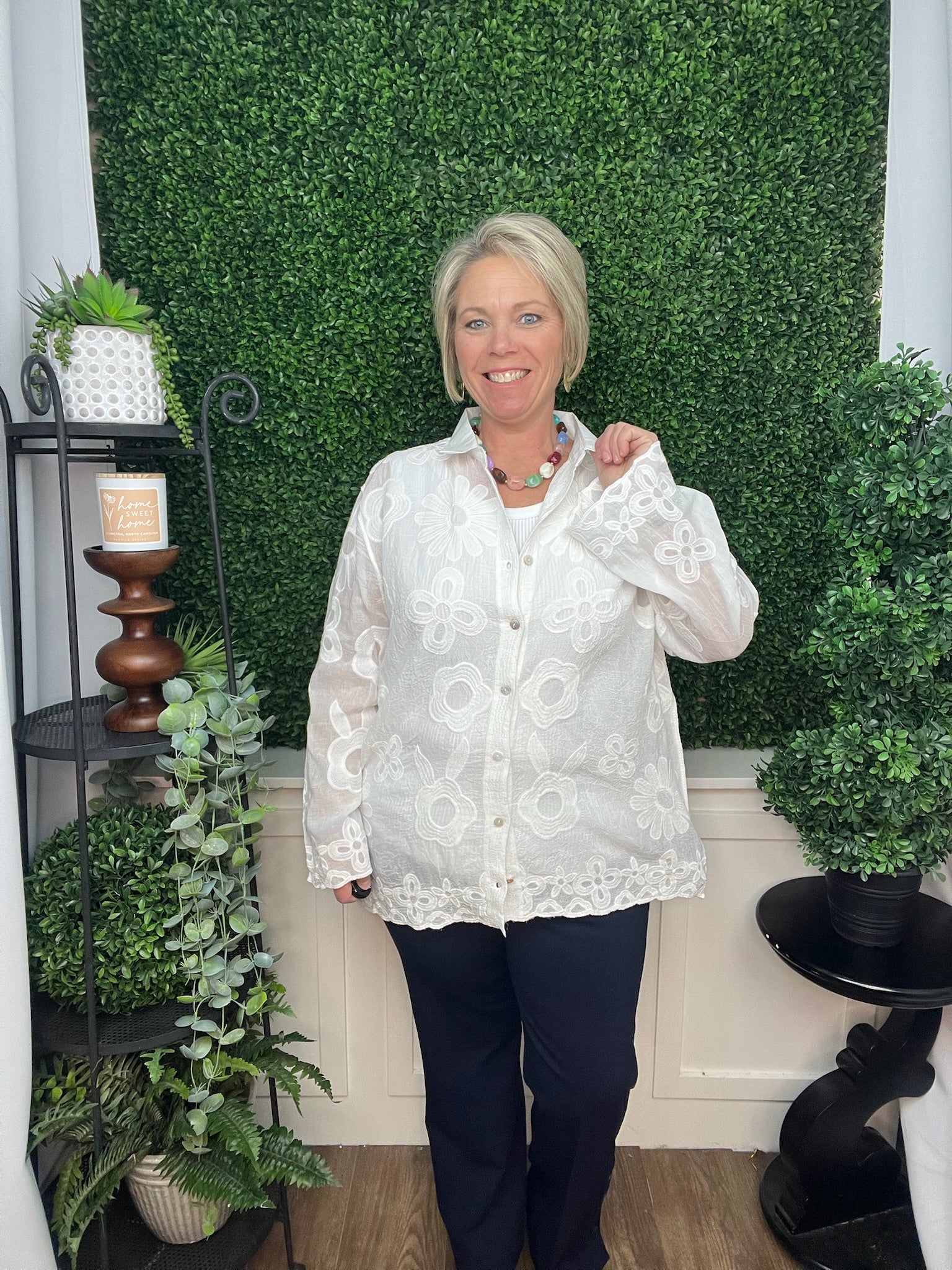 CHARLENE BUTTON FRONT EMBROIDERED TOP - WHITE