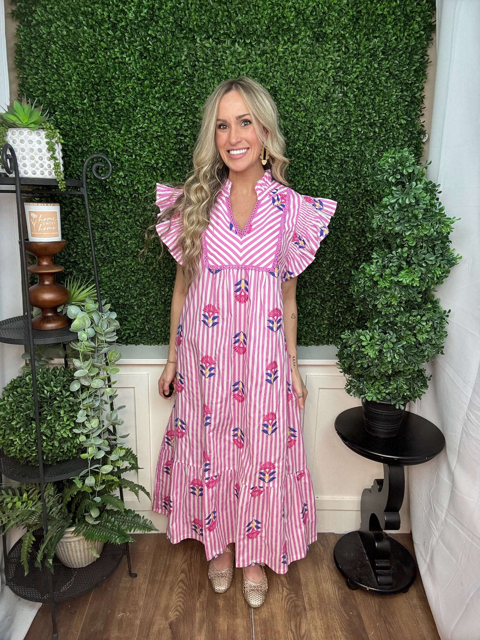 Pink Stripe Embroidered Flutter Sleeve Dress