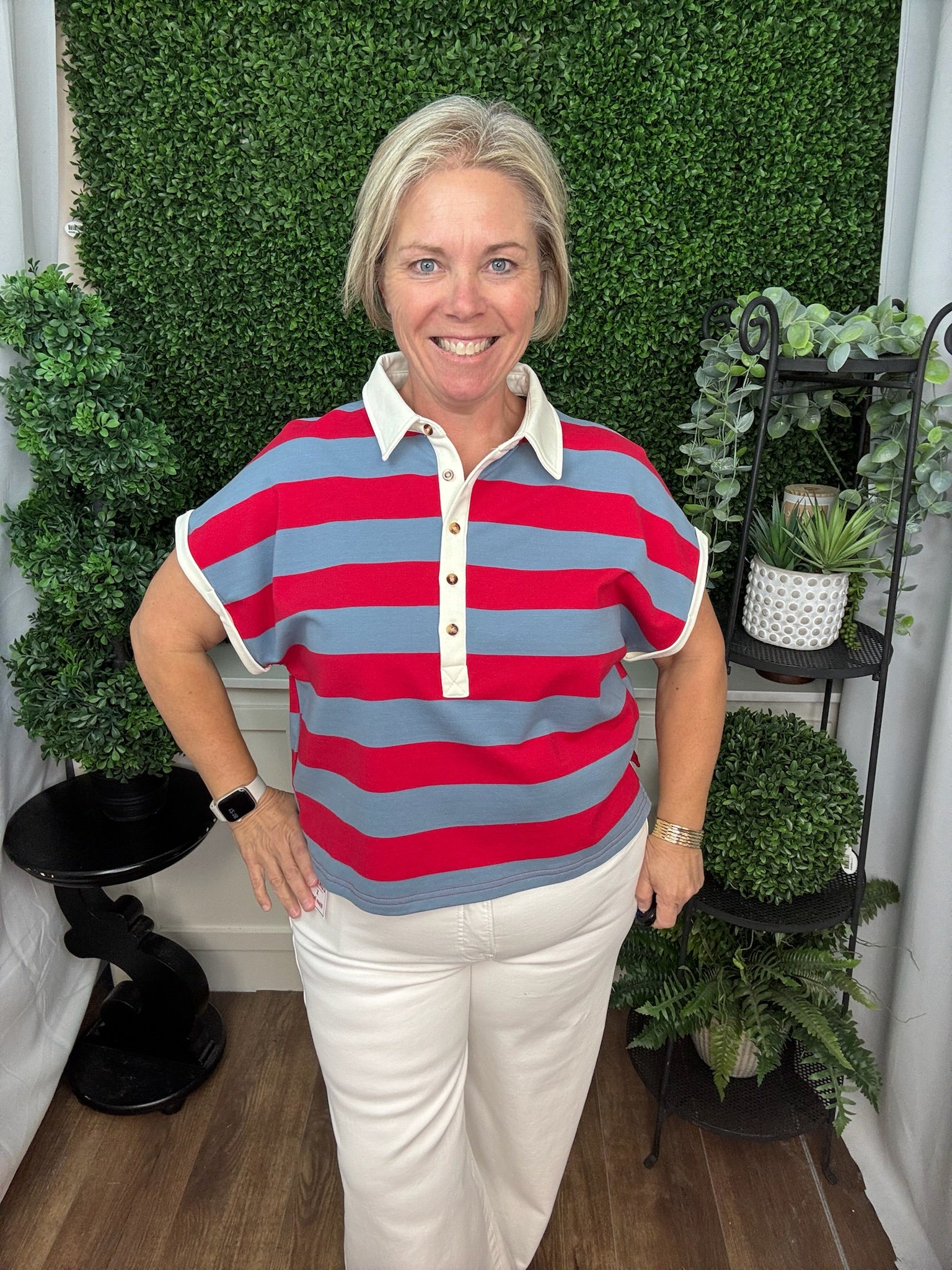 Striped Polo Knit Top with Contrast Collar