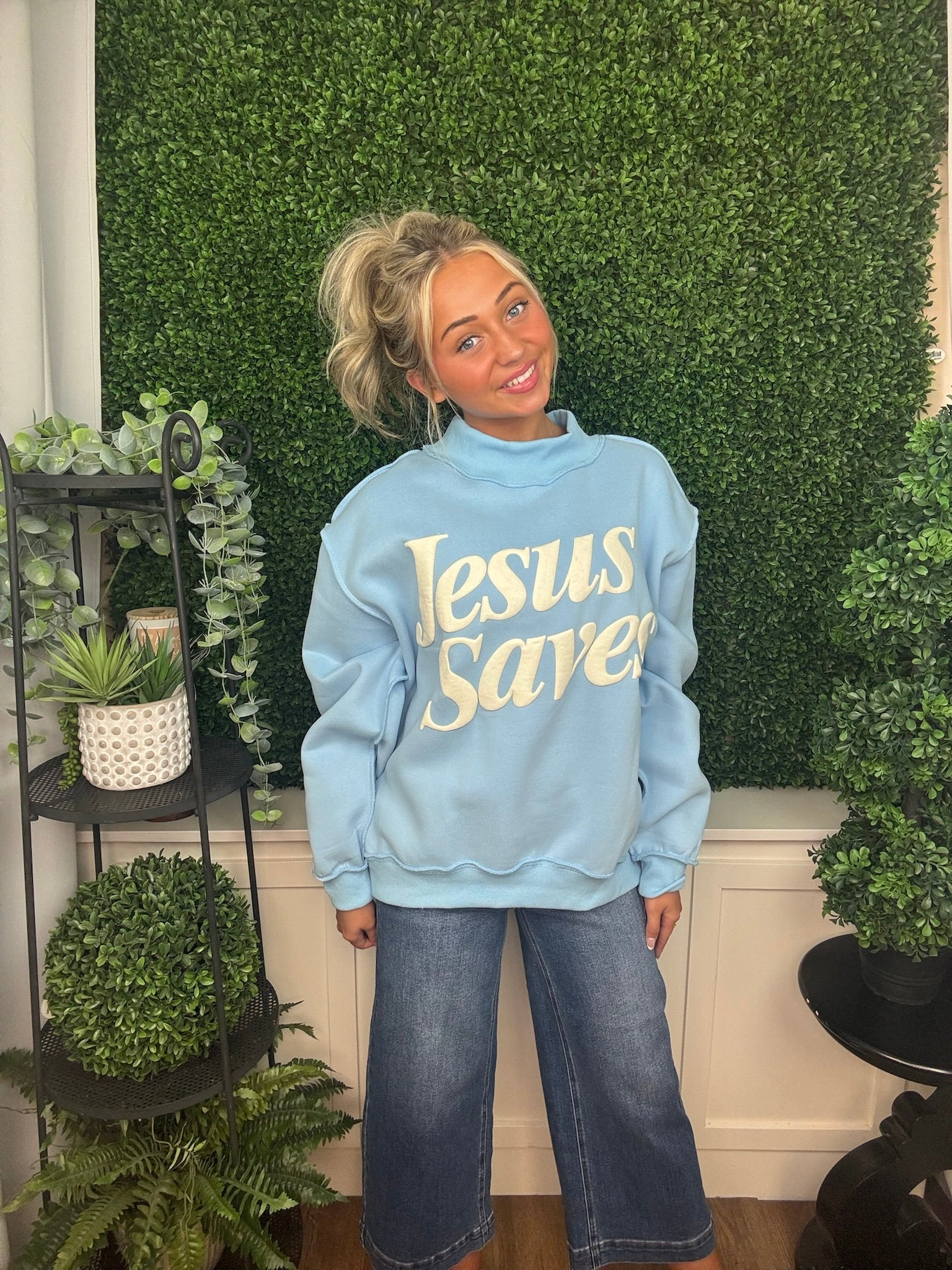 Jesus Saves Graphic Mock Neck Pullover
