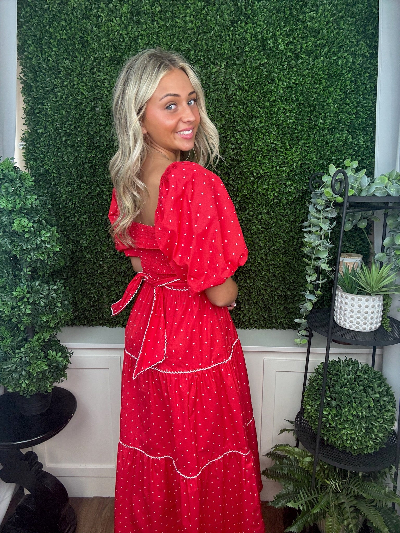 Scarlet Polka Smocked Tie-Front Dress