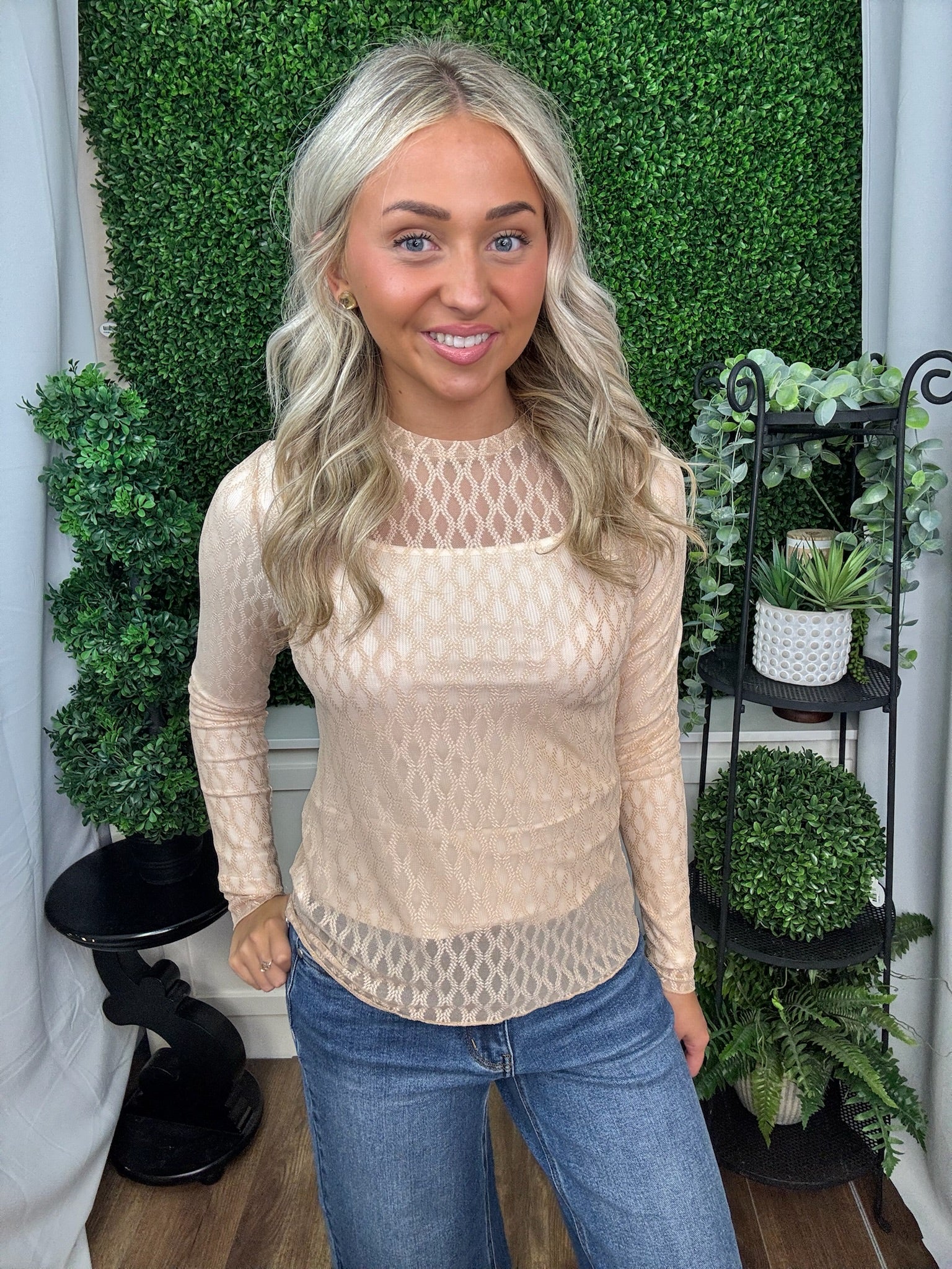 Sheer Textured Long Sleeve Knit Top