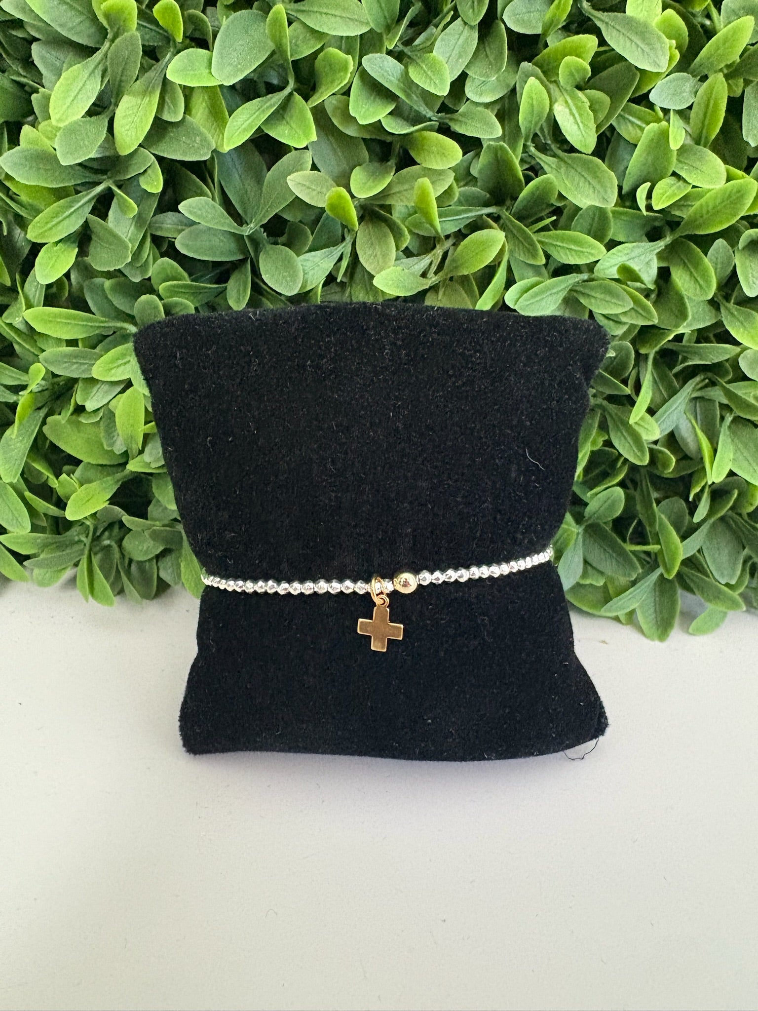 EGIRL BRIGHT SILVER FACETED HEMATITE 2MM BEAD BRACELET - SIGNATURE CROSS GOLD CHARM