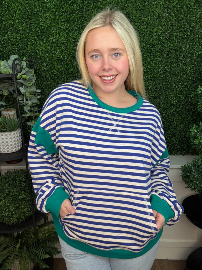 STRIPED COLOR BLOCK POCKET SWEATSHIRT - RED CREAM/ PINK LAVENDER/ ROYAL BLUE OAT