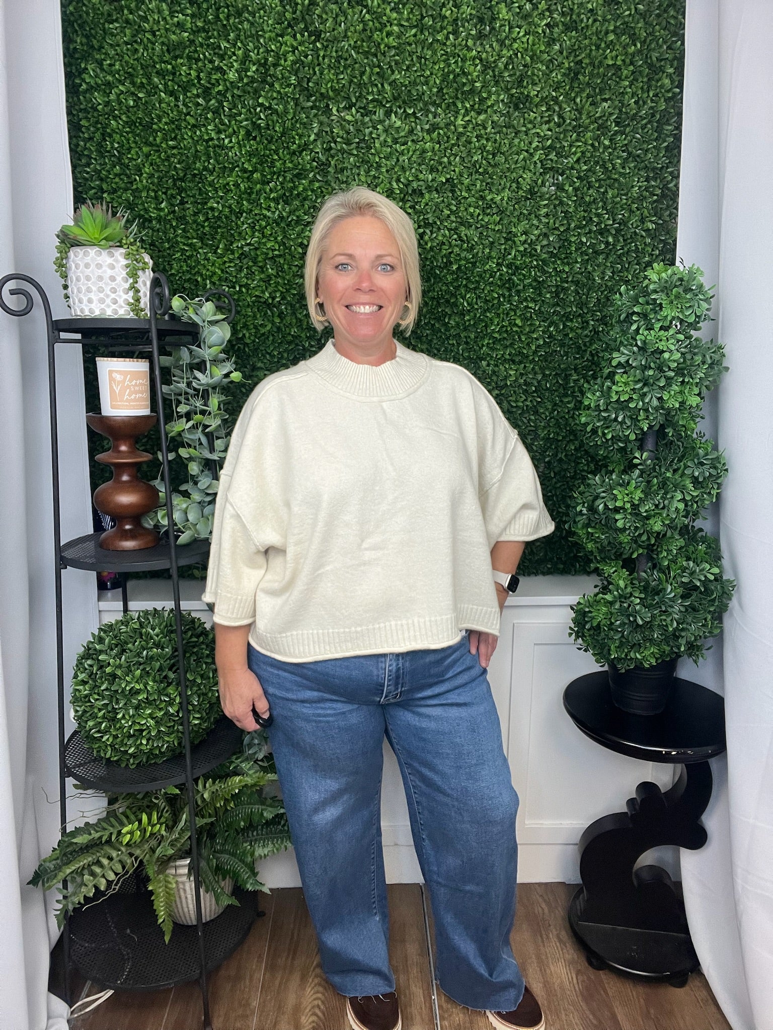 MARLED KNIT MOCK NECK SS SWEATER - IVORY