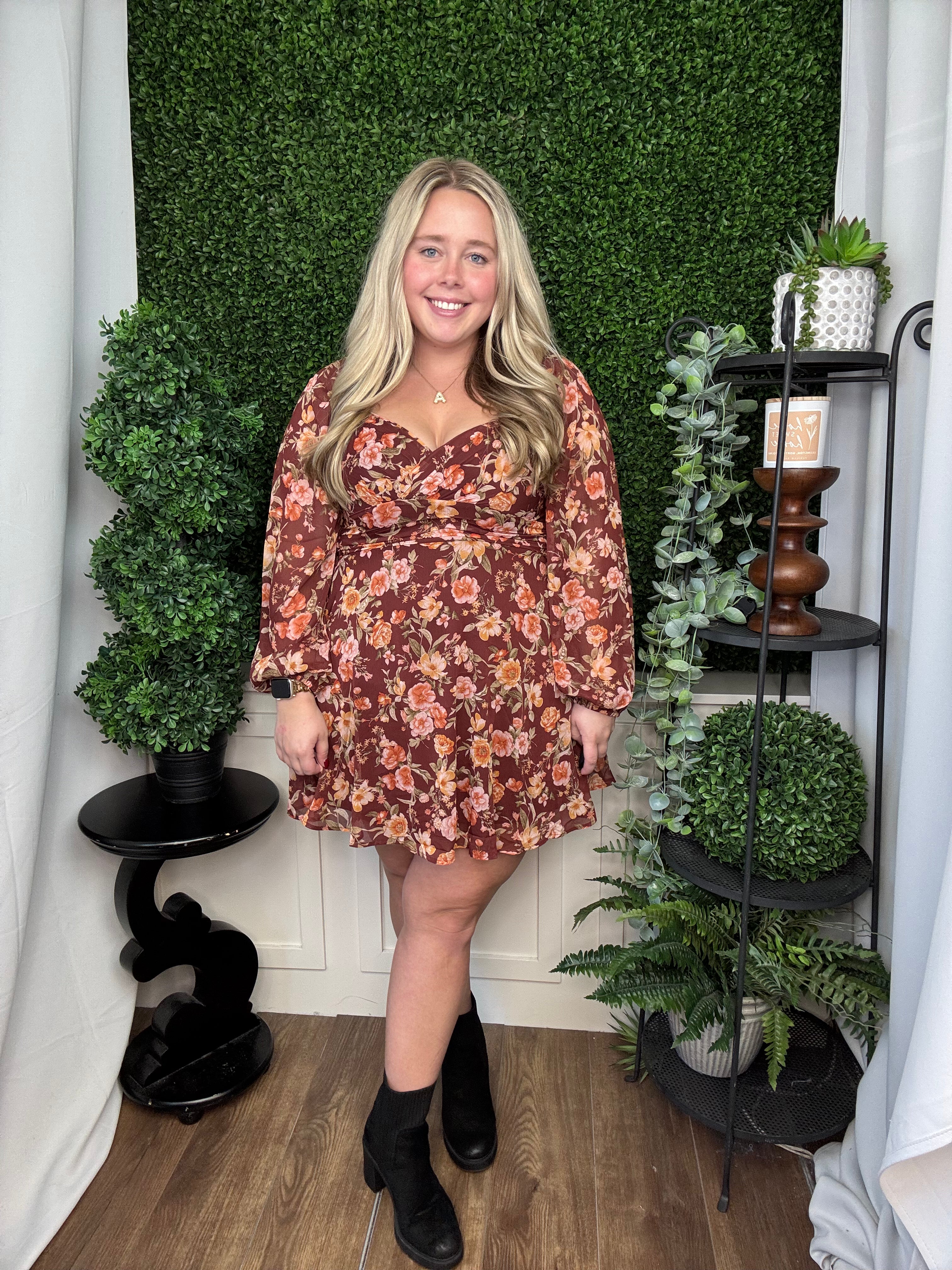 FLORAL PRNT 3/4 SLV MINI DRESS W/ TIE BACK