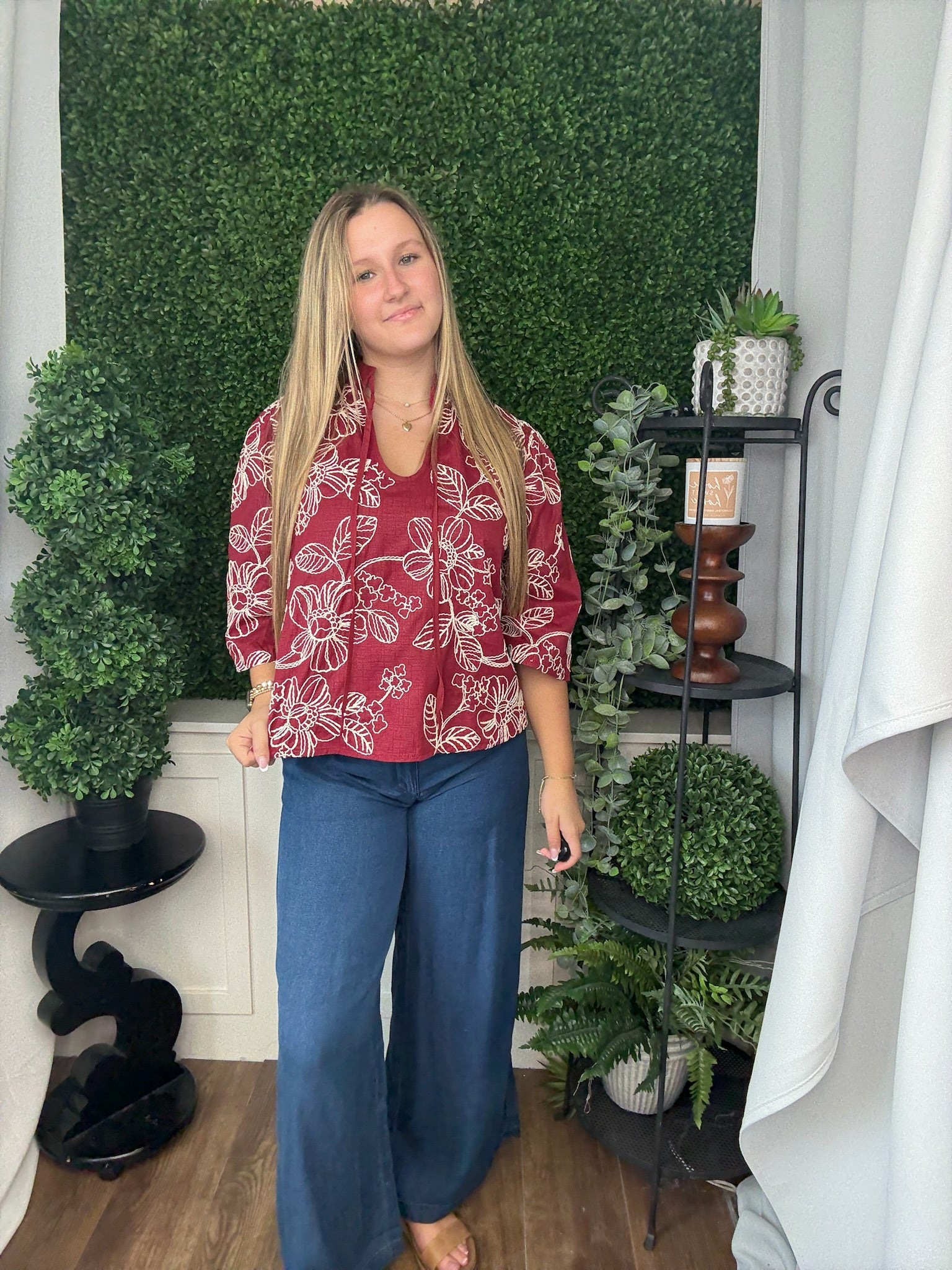 V-NECK WIDE SLV BLOUSE - BURGUNDY