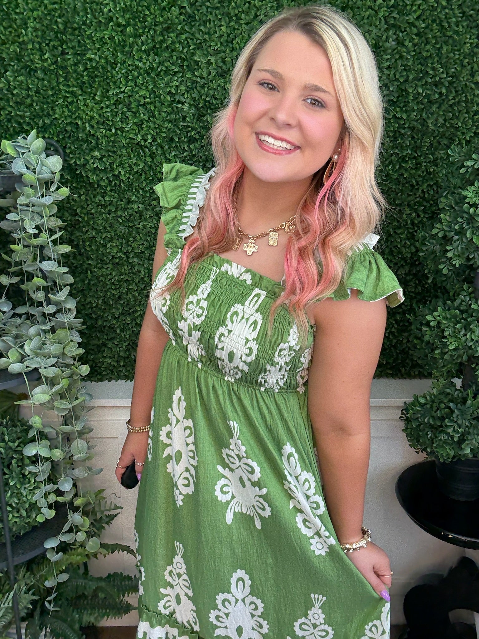 ABSTRACT SMOCKED MIDI DRESS - GREEN