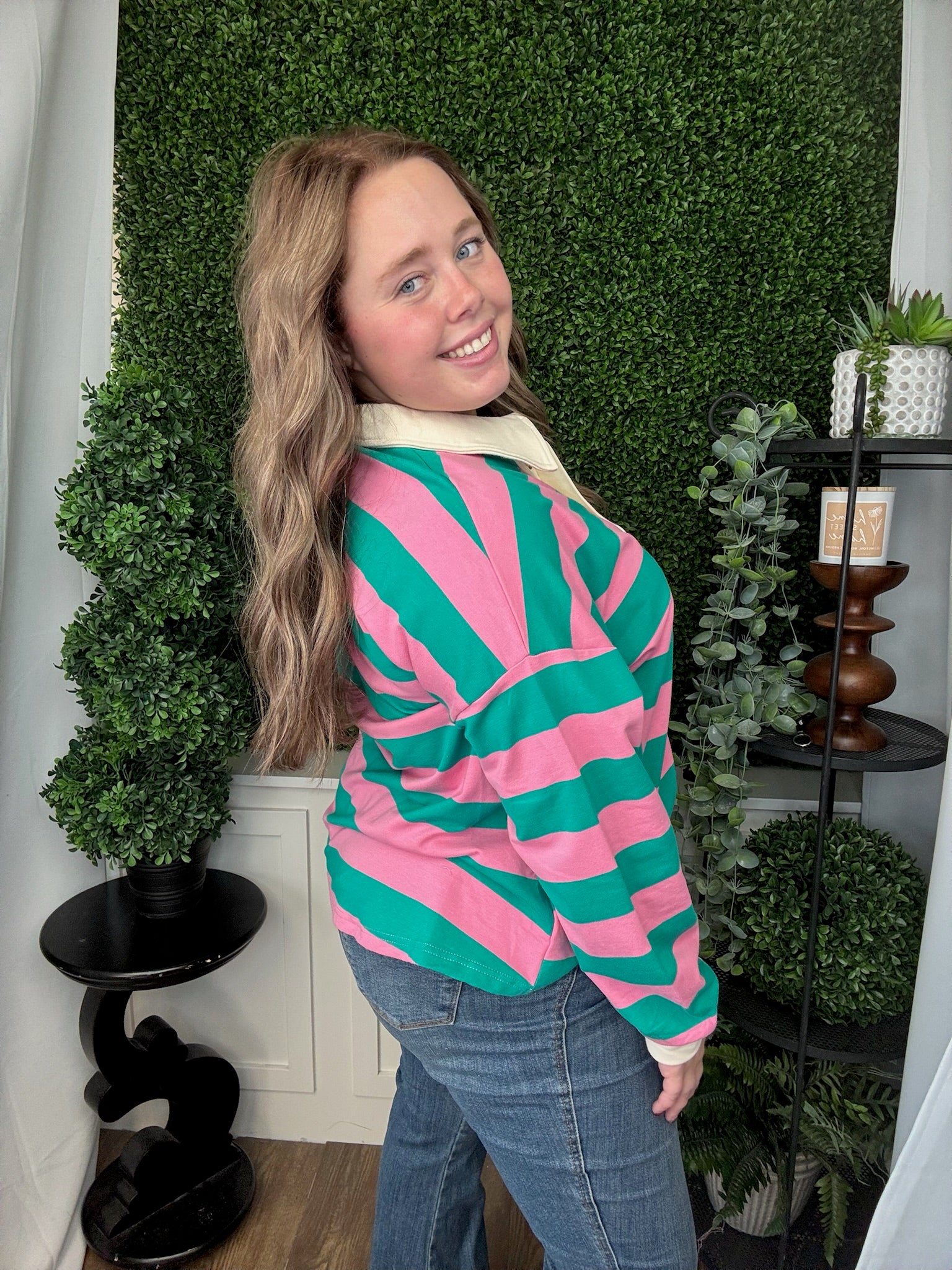 LS OVERISZED FRENCH TERRY STRIPED COLLAR TOP - PINK/JADE