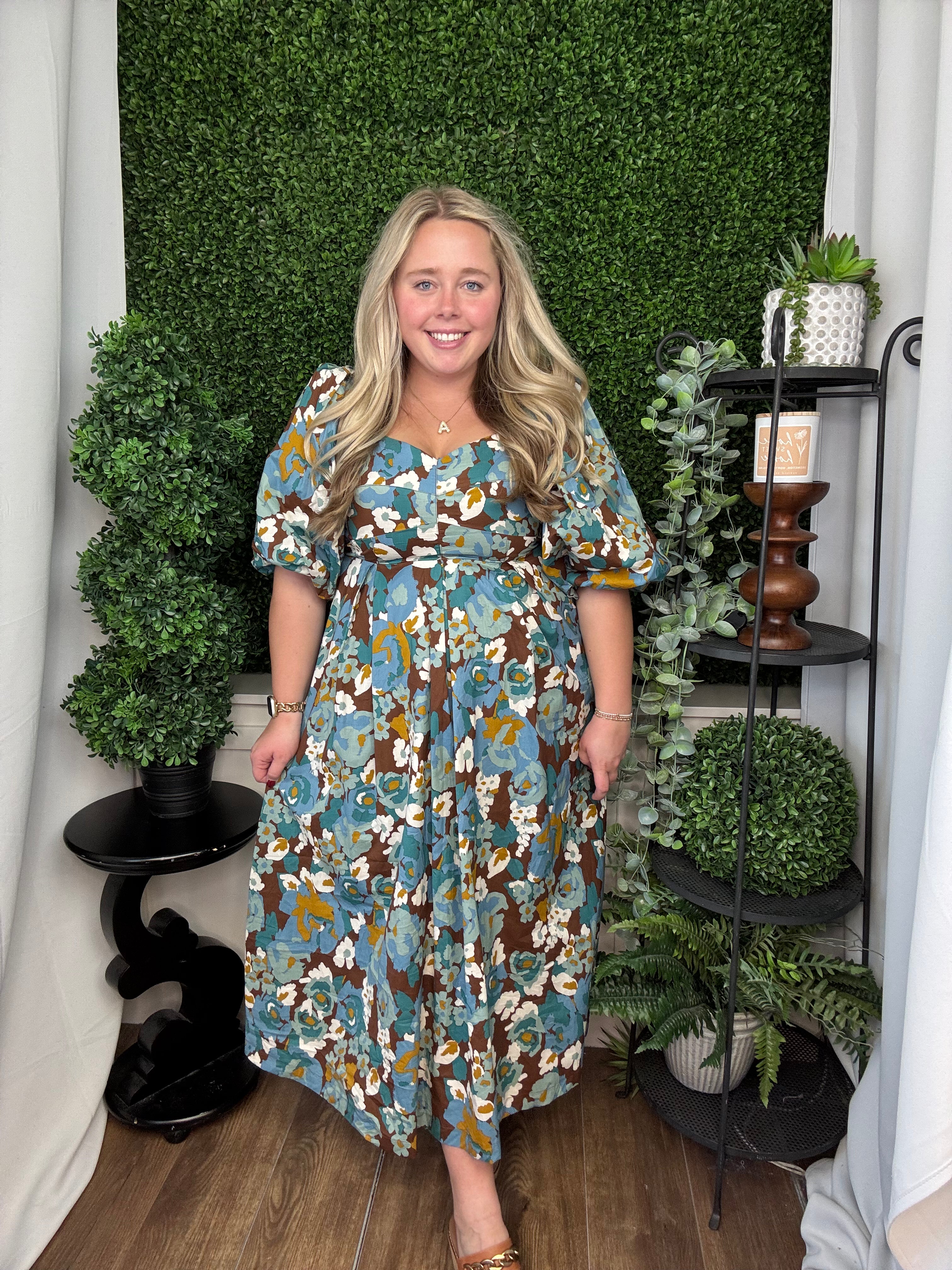 BUBBLE SLV SCALLOPED DRESS - BROWN TEAL