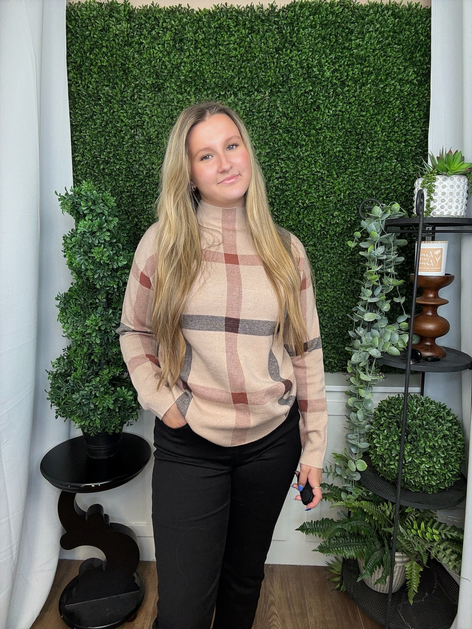 CHECKER JACQUARDED MOCK NECK LS SWEATER - TAUPE