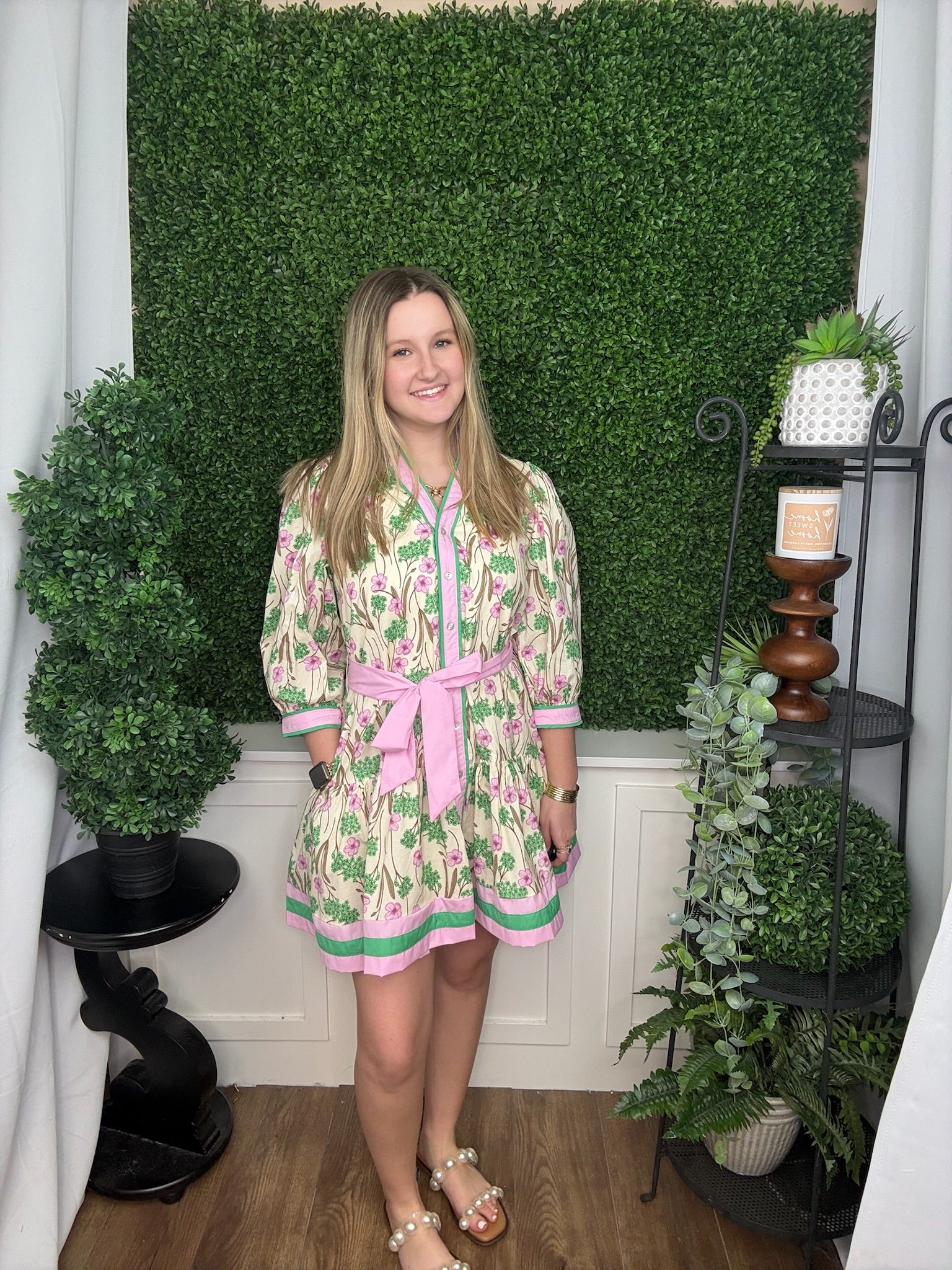 ECRU PINK PUFF LONG SLEEVE PINK TIE WAIST