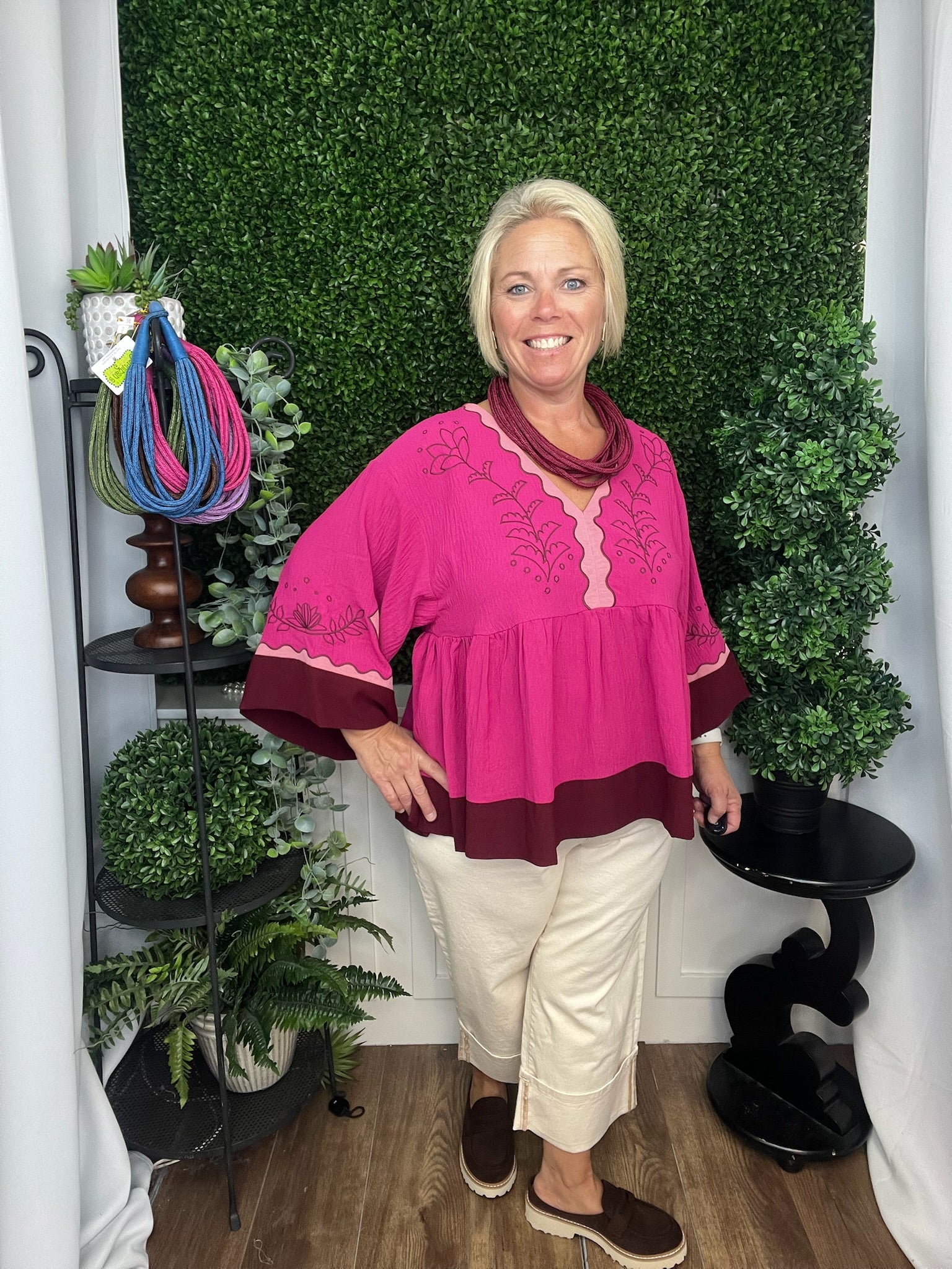 COLORBLOCK AIR FLOW OVERSIZED PEASANT BLOUSE - FUCHSIA COMBO