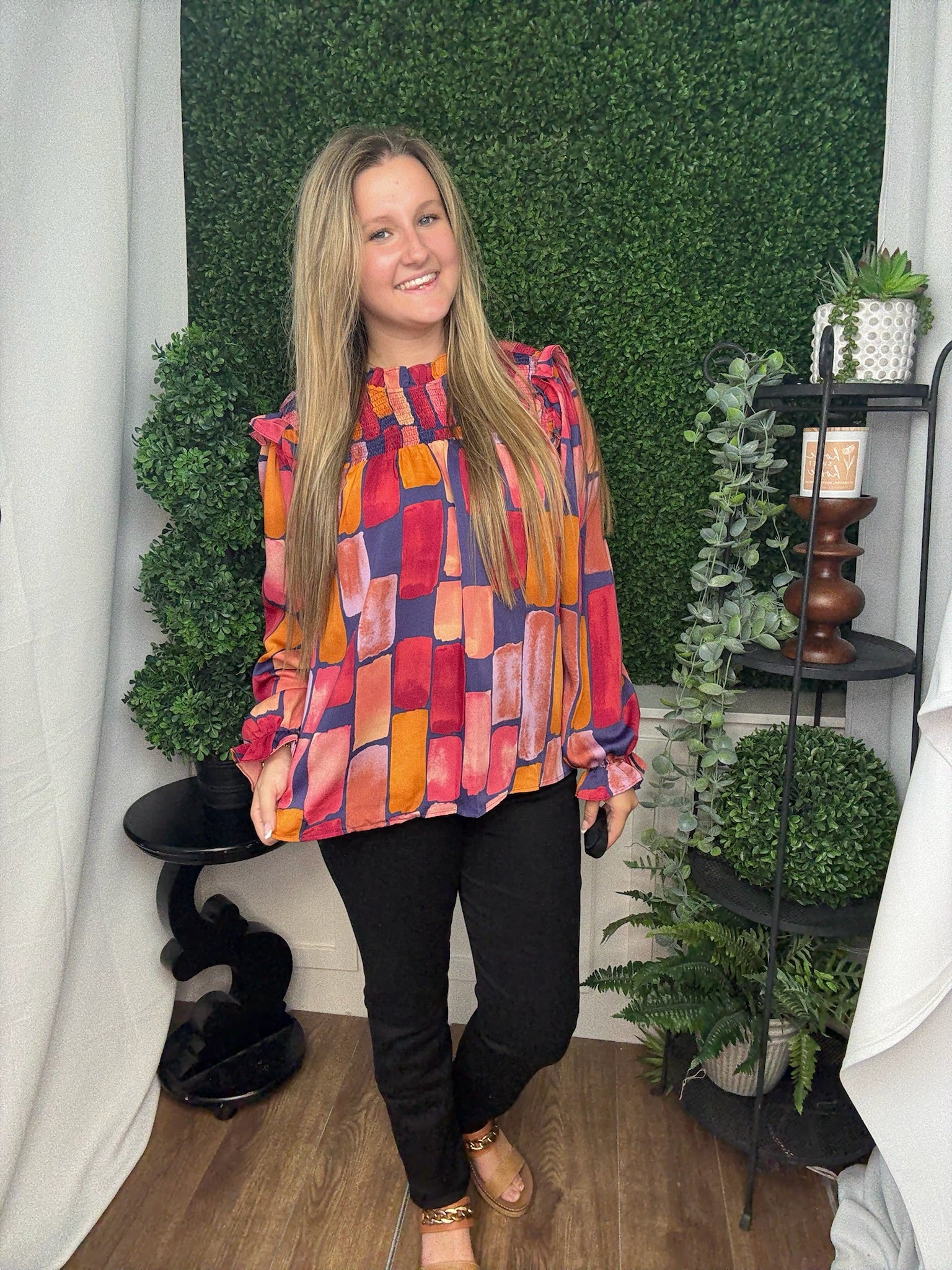 ABSTRACT PRINTED MIRABELLE SATIN BLOUSE - MIDNIGHT BLUE