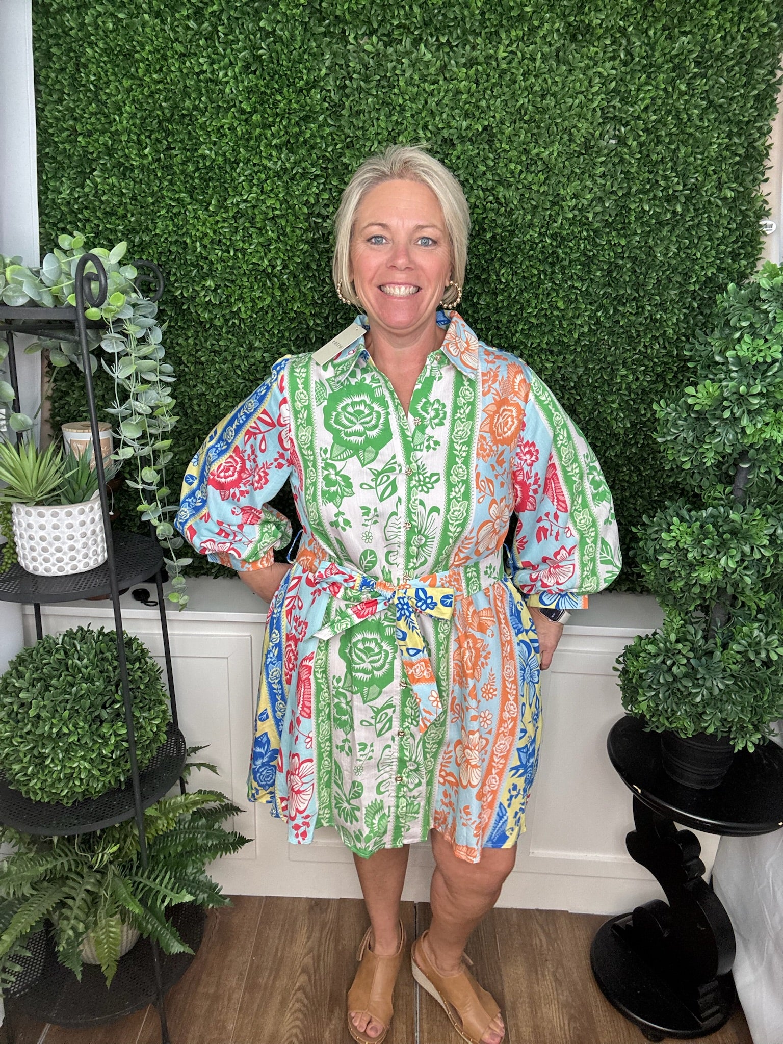 Mixed Print Button Front Shirt Dress with Tie Waist