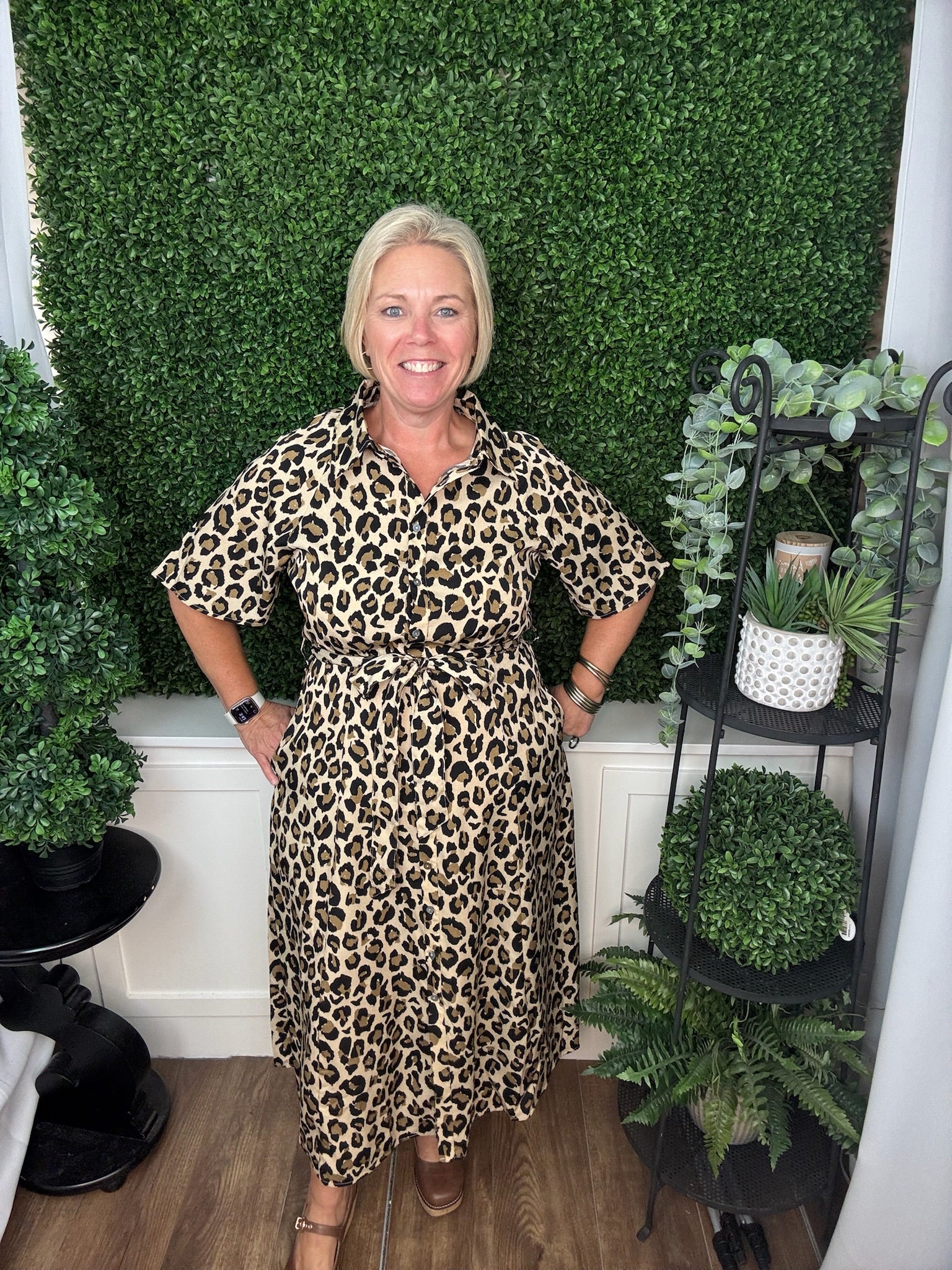 HALF SLEEVE BUTTON LEOPARD WOVEN MIDI DRESS - TAUPE