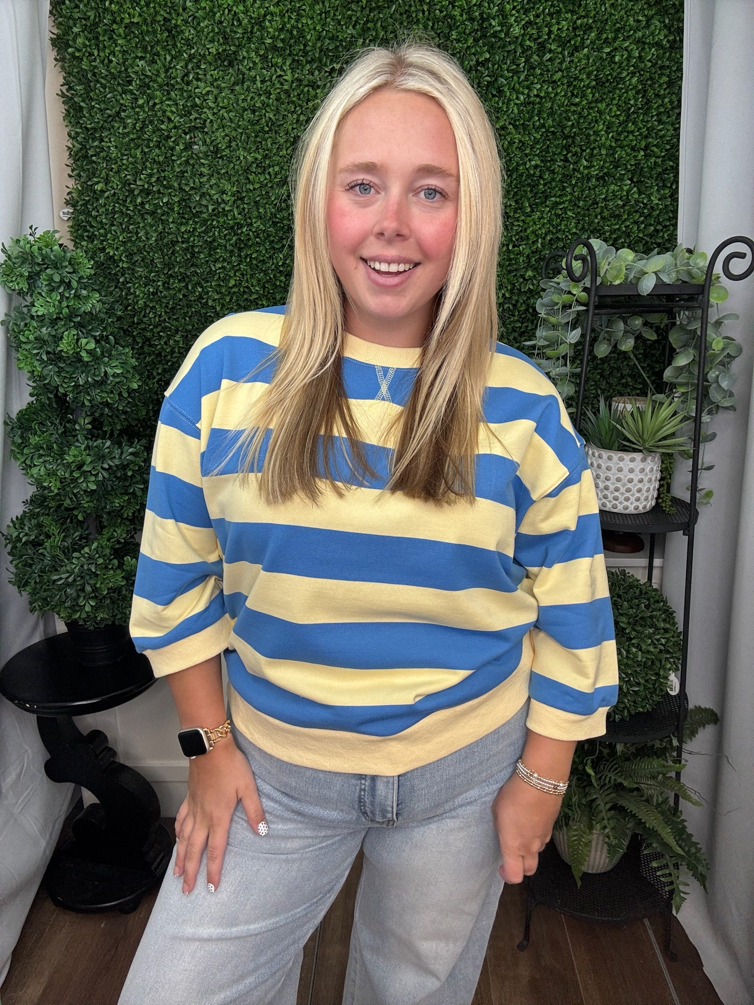 Blue and Yellow Striped Cropped Sweatshirt