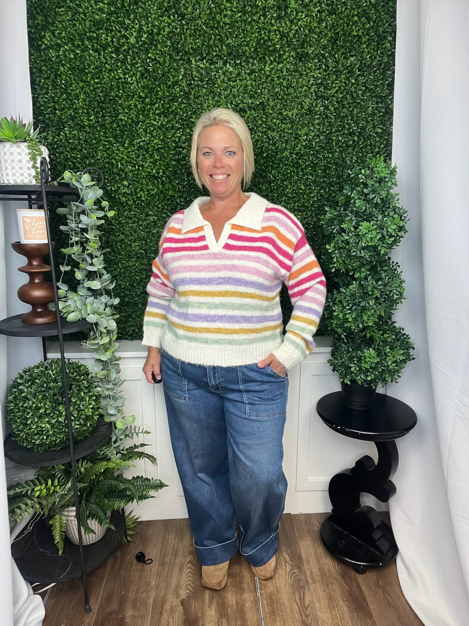 MULTI COLOR STRIPED SWEATER TOP - PINK/BLUSH MULTI