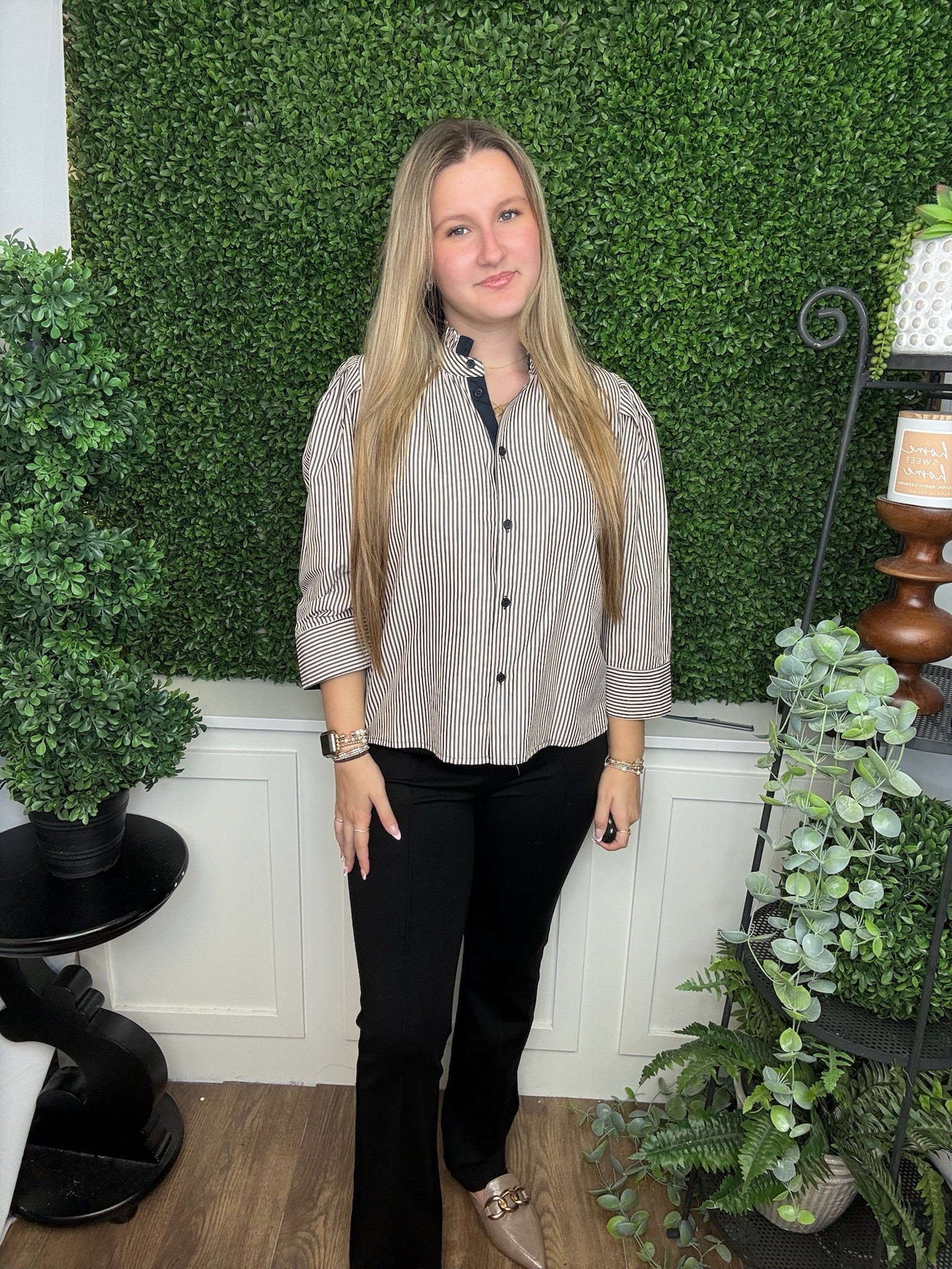 STRIPED 3/4 SLV BUTTON UP TOP - DARK NAVY