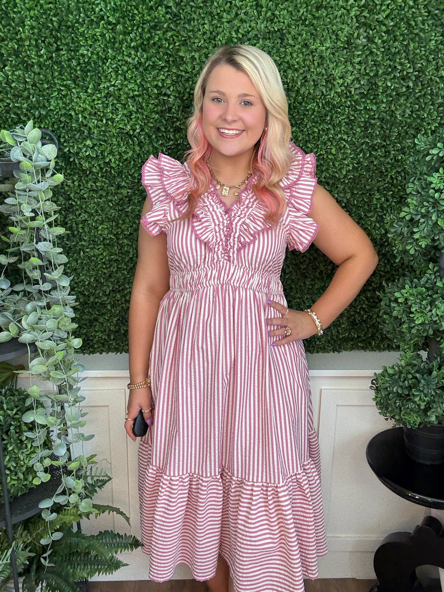 RUFFLE TRIMMED STRIPED MIDI DRESS