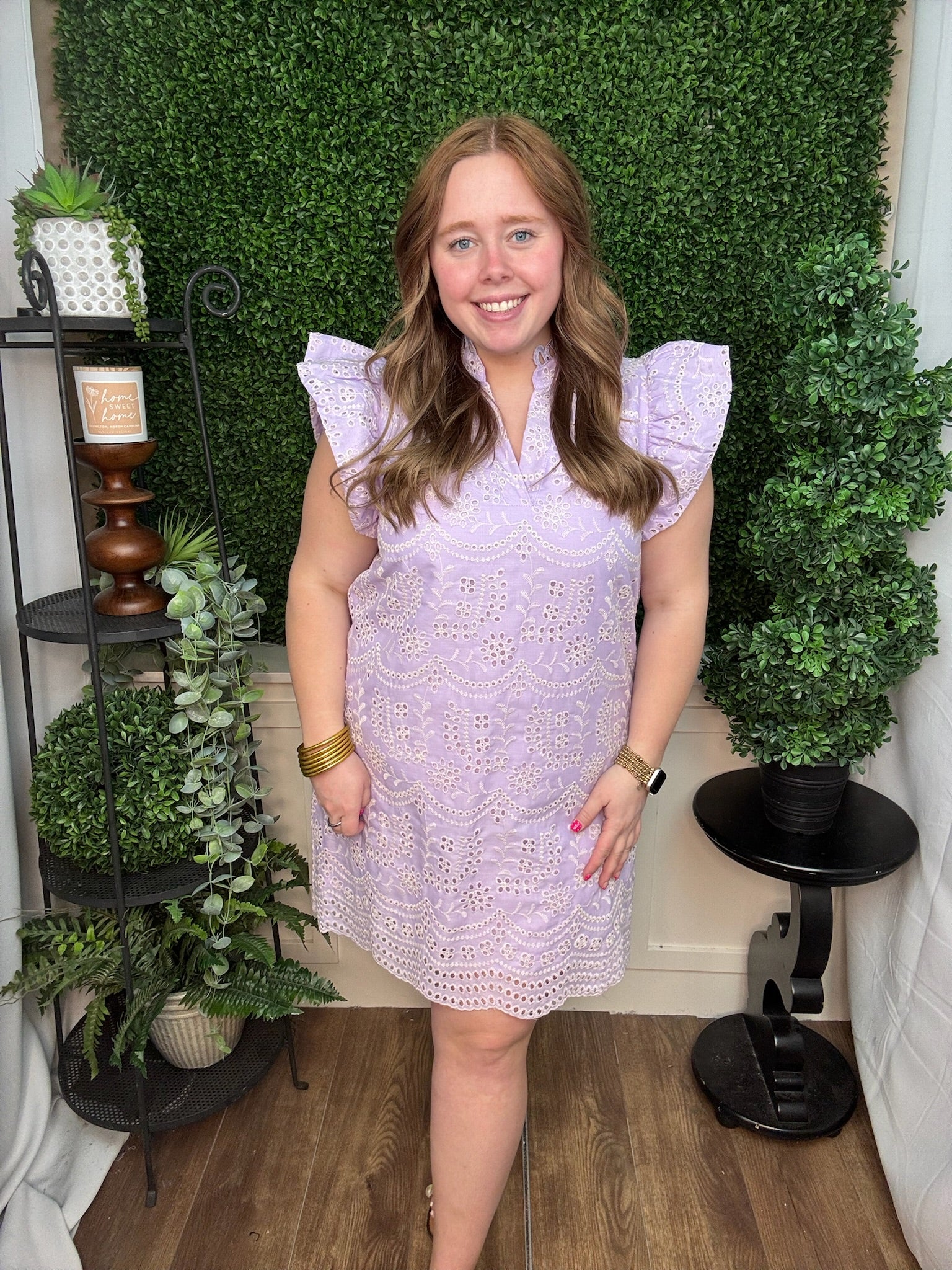 Lavender Eyelet Flutter Sleeve Shift Dress