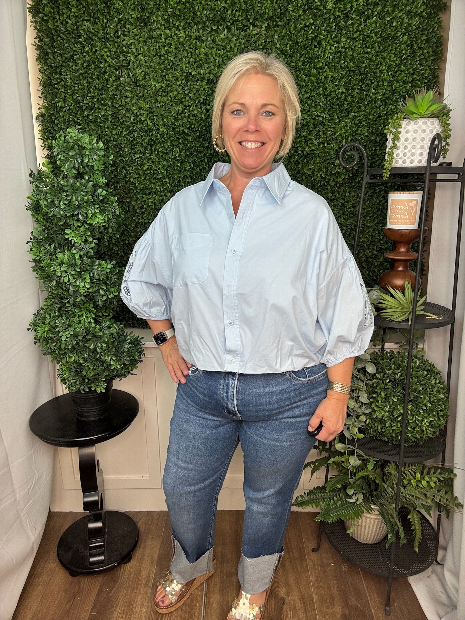 Relaxed Pocket Puff Sleeve Blouse in Sky Blue