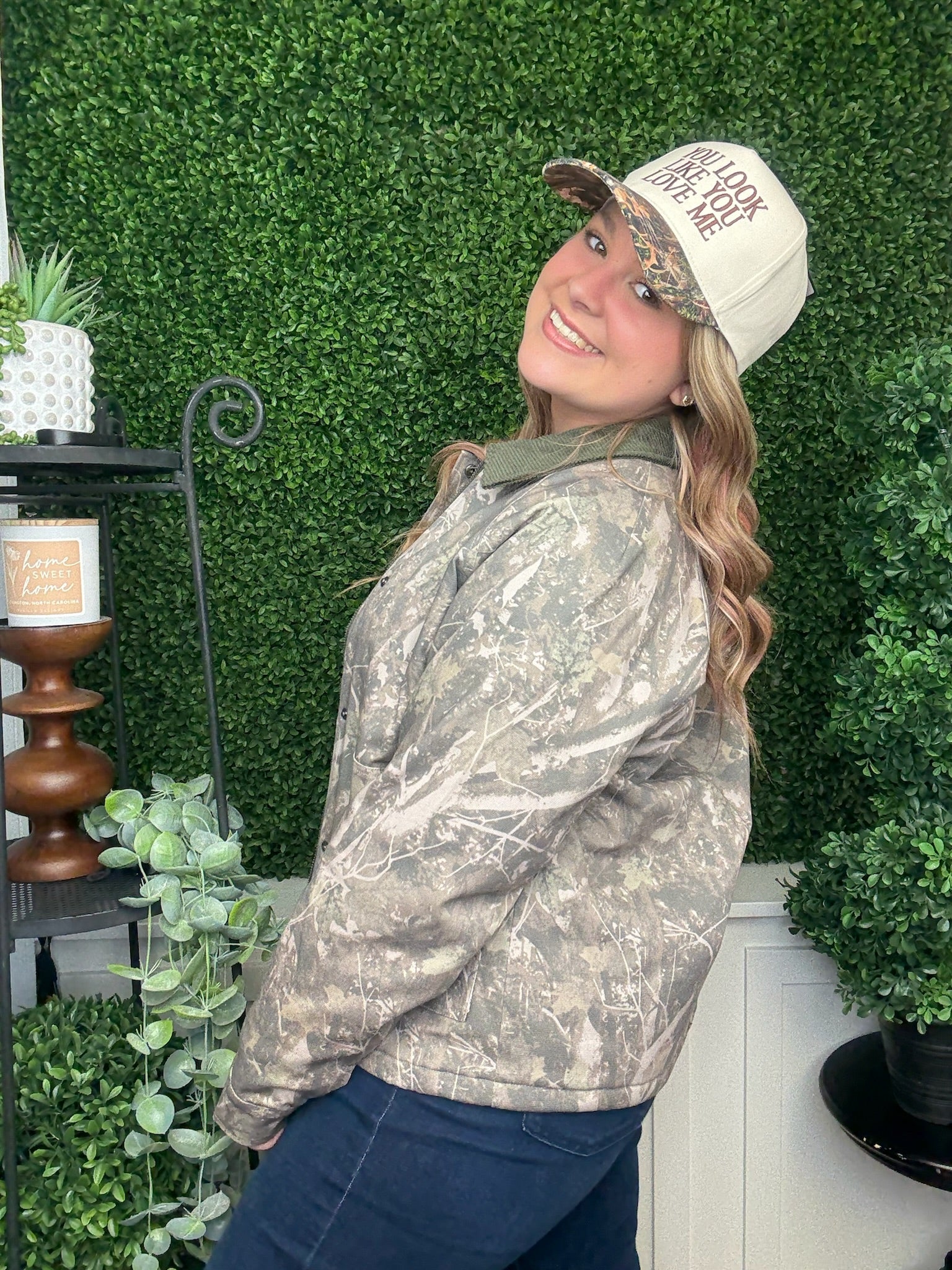 YOU LOOK LIKE YOU LOVE ME EMBROIDERED CAMO TRUCKER