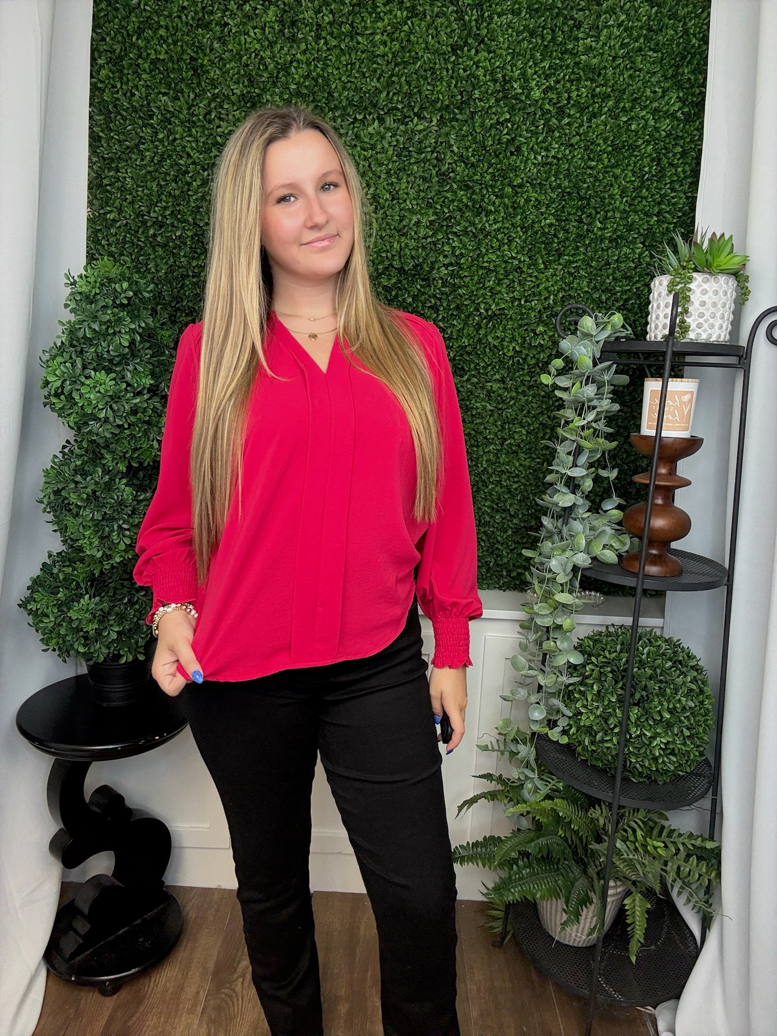 LONG SMOCKED SLEEVE FRONT PLEATS TOP