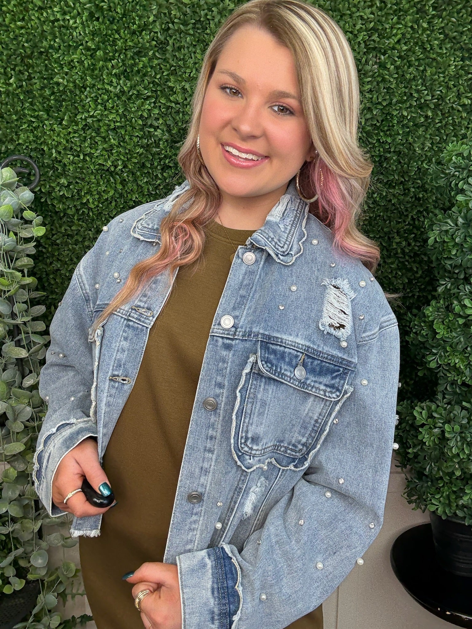 SCALLOP DETAILED GLITZY DENIM JACKET - MEDIUM WASH