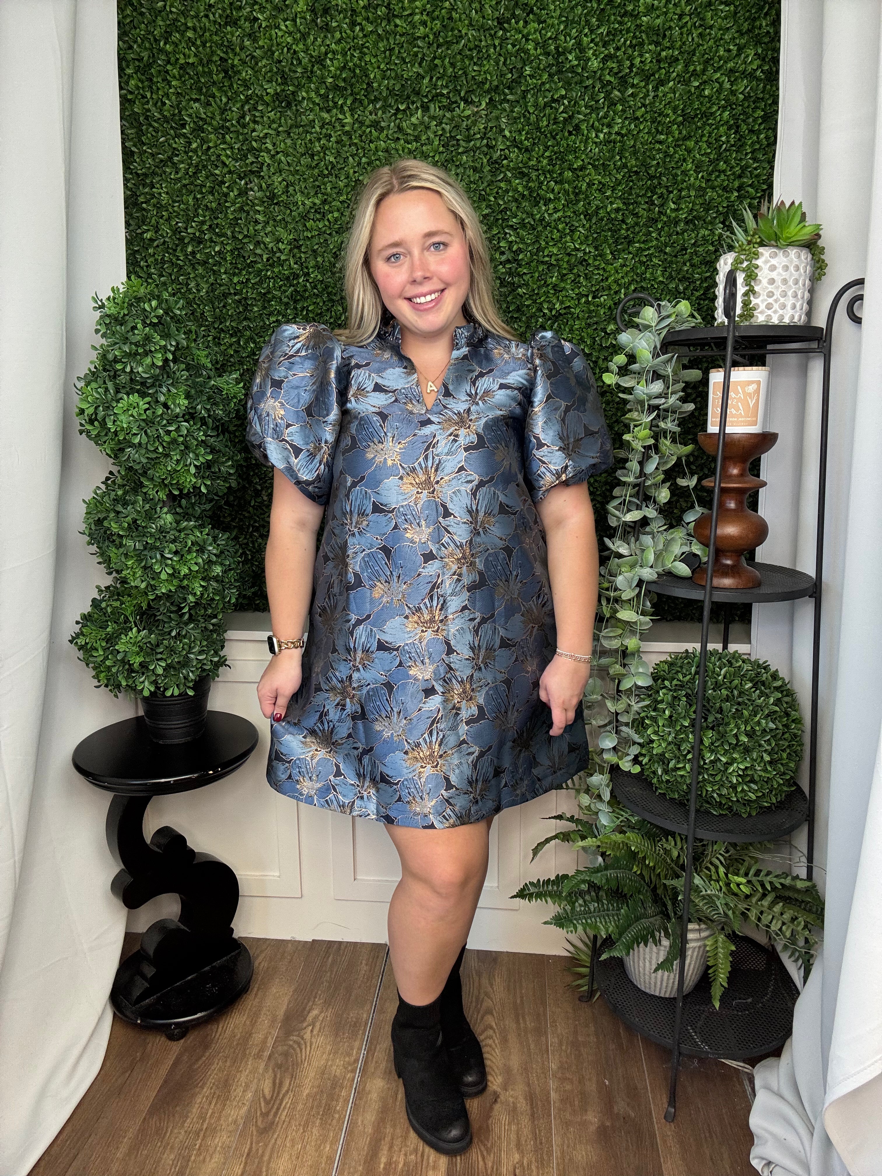 RUFFLE V-NECK PUFF SLV MINI DRESS - BLUE