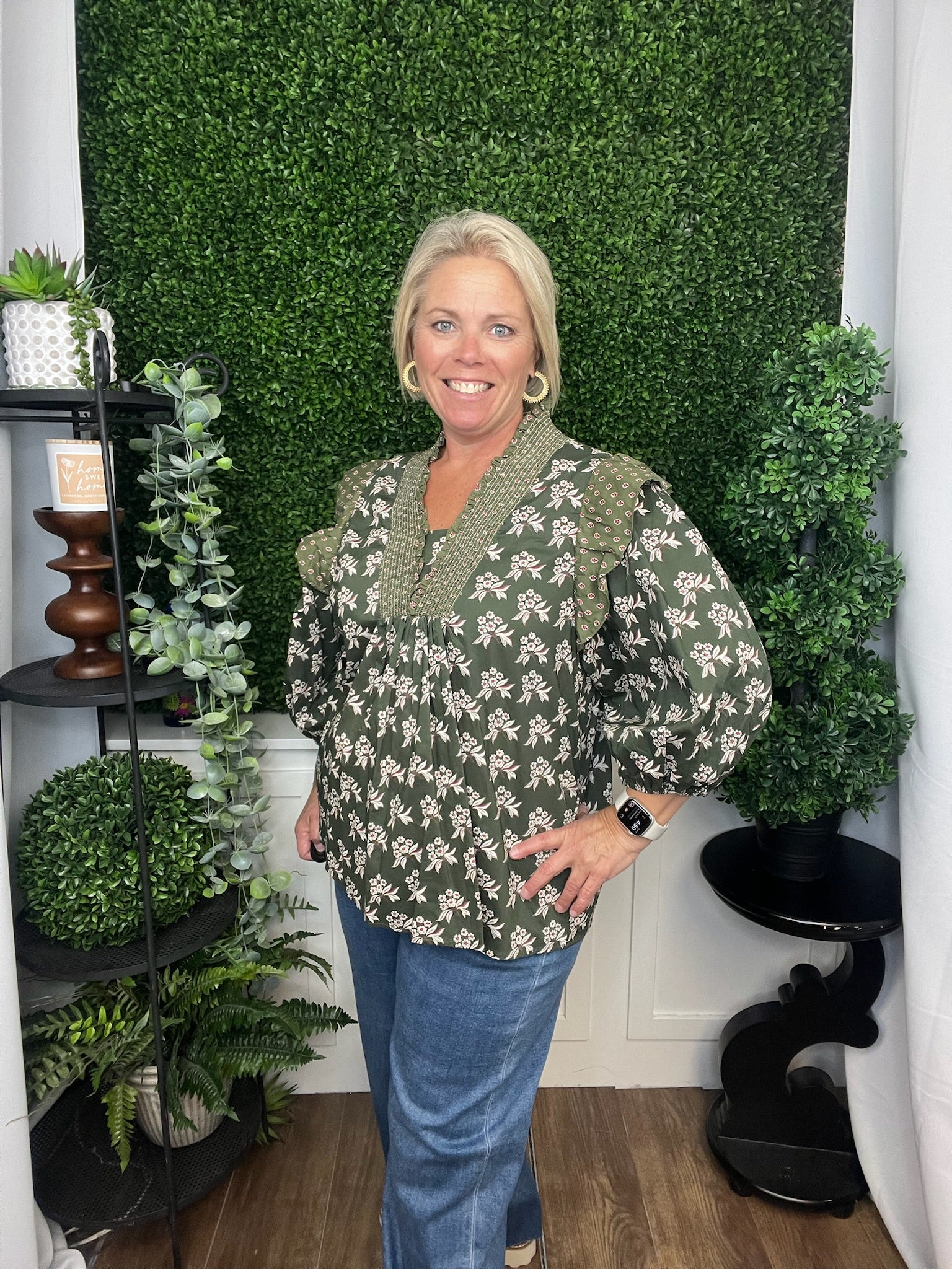 3/4 SLEEVE SMOCKED NECK WOVEN PRINT TOP - OLIVE